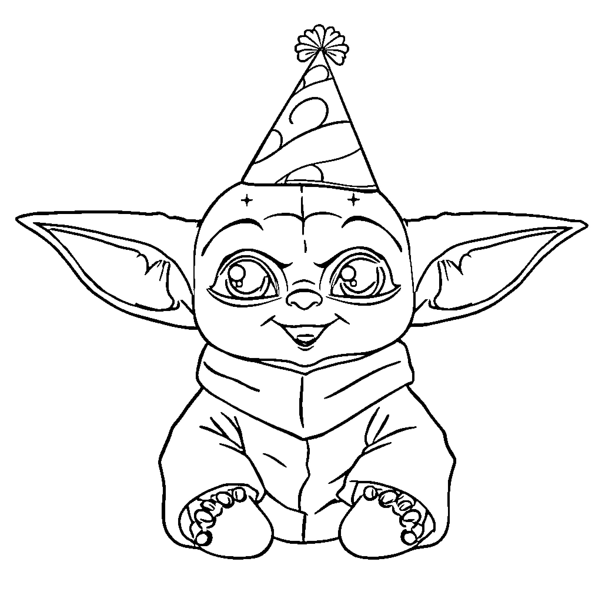 Yoda celebrating with party hat and scarf Coloring Page (free black-and-white line drawing printable PDF for all, from beginners to advanced learners, including children, teens, adults, and seniors)