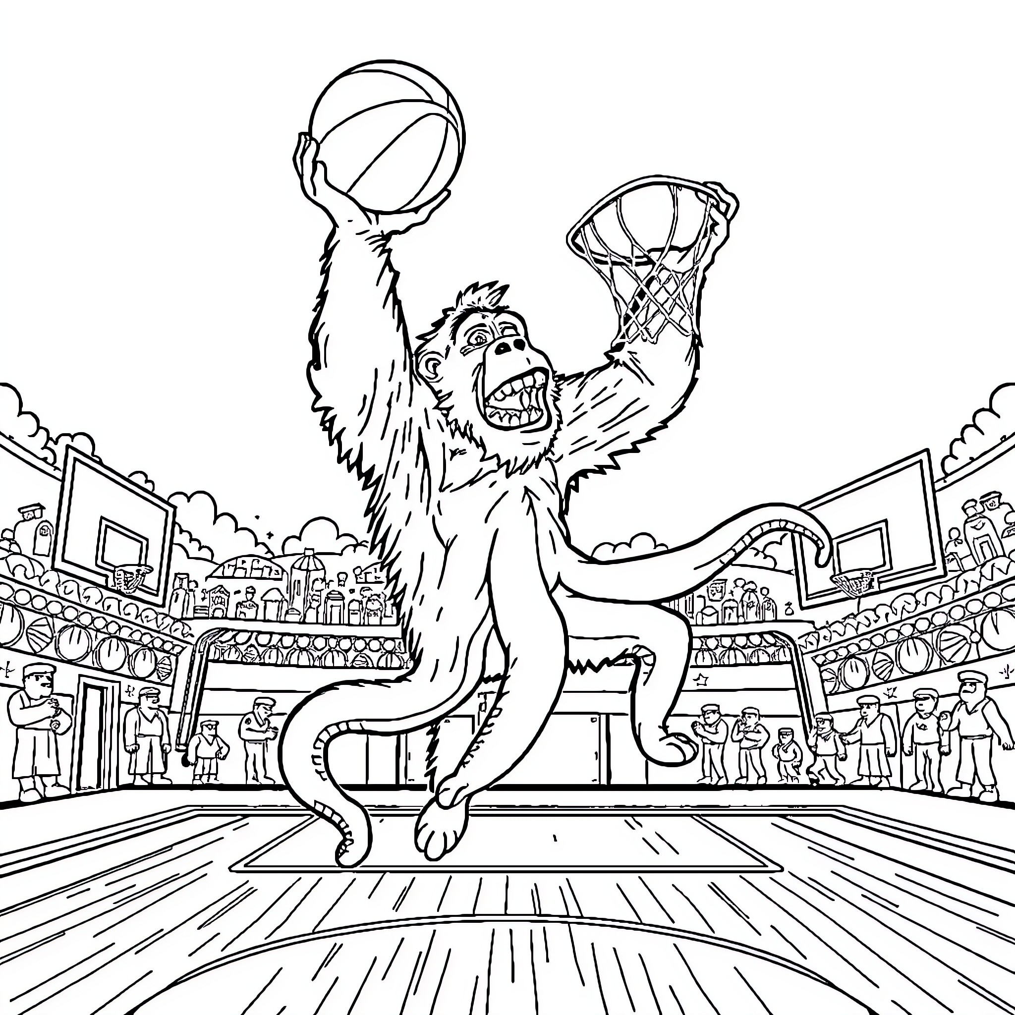 Orangutan Octopus Shoots Hoops with Enthusiasm Coloring Page (free black-and-white line drawing printable PDF for all, from beginners to advanced learners, including children, teens, adults, and seniors)