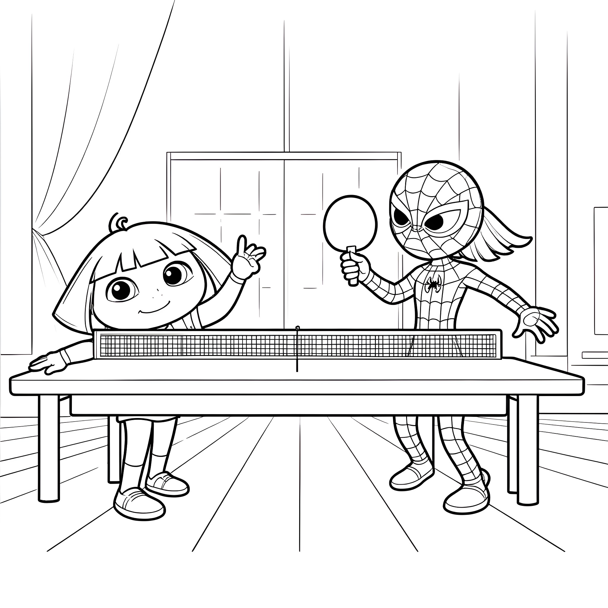 Dora and Spider-Man playing together indoors Coloring Page (free black-and-white line drawing printable PDF for all, from beginners to advanced learners, including children, teens, adults, and seniors)