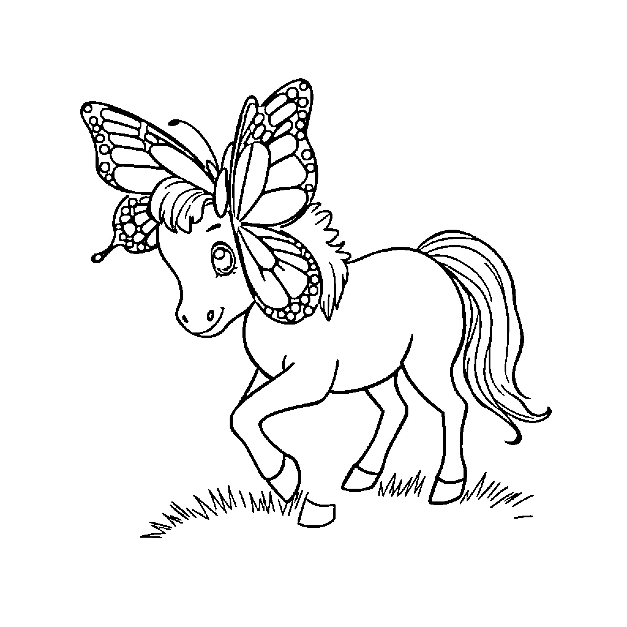 Butterfly-winged Pony Frolicking in the Meadow Coloring Page (free black-and-white line drawing printable PDF for all, from beginners to advanced learners, including children, teens, adults, and seniors)