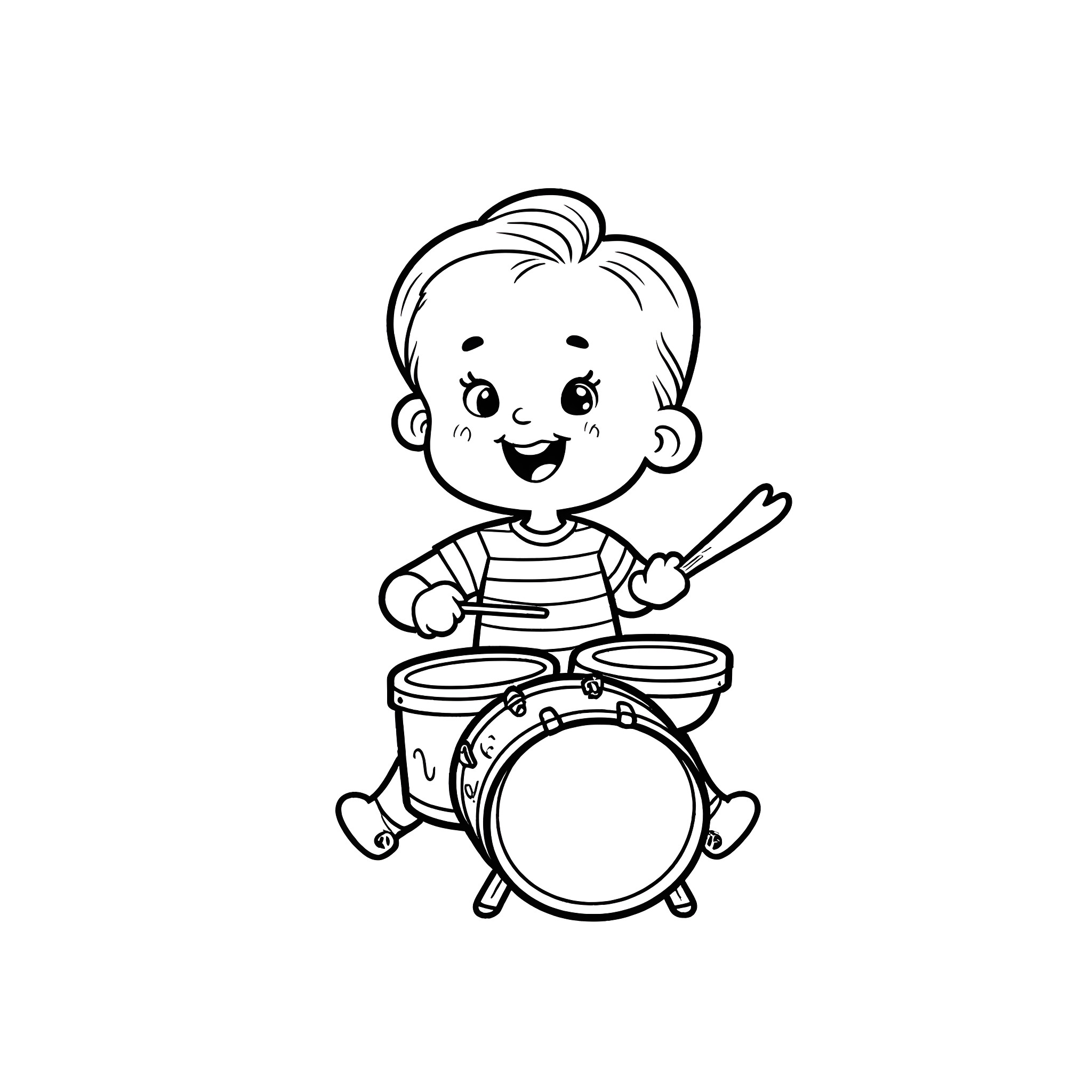 Baby playing joyfully with drums Coloring Page (free black-and-white line drawing printable PDF for all, from beginners to advanced learners, including children, teens, adults, and seniors)