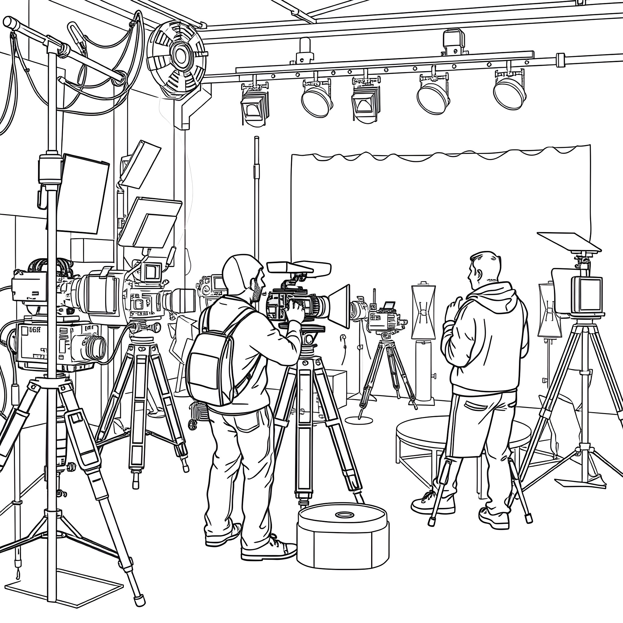 Film Set with Crew and Equipment Coloring Page (free black-and-white line drawing printable PDF for all, from beginners to advanced learners, including children, teens, adults, and seniors)