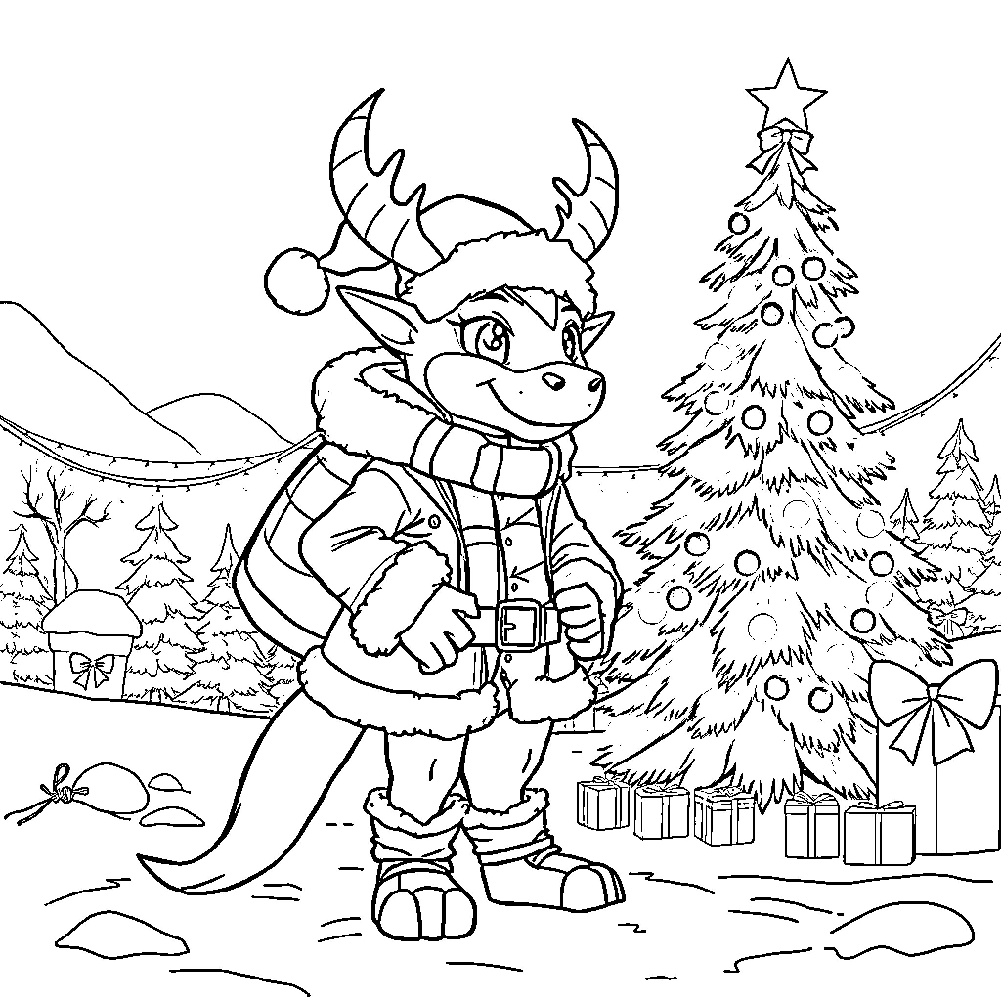 Derby Reindeer celebrating Christmas in winter wonderland Coloring Page (free black-and-white line drawing printable PDF for all, from beginners to advanced learners, including children, teens, adults, and seniors)