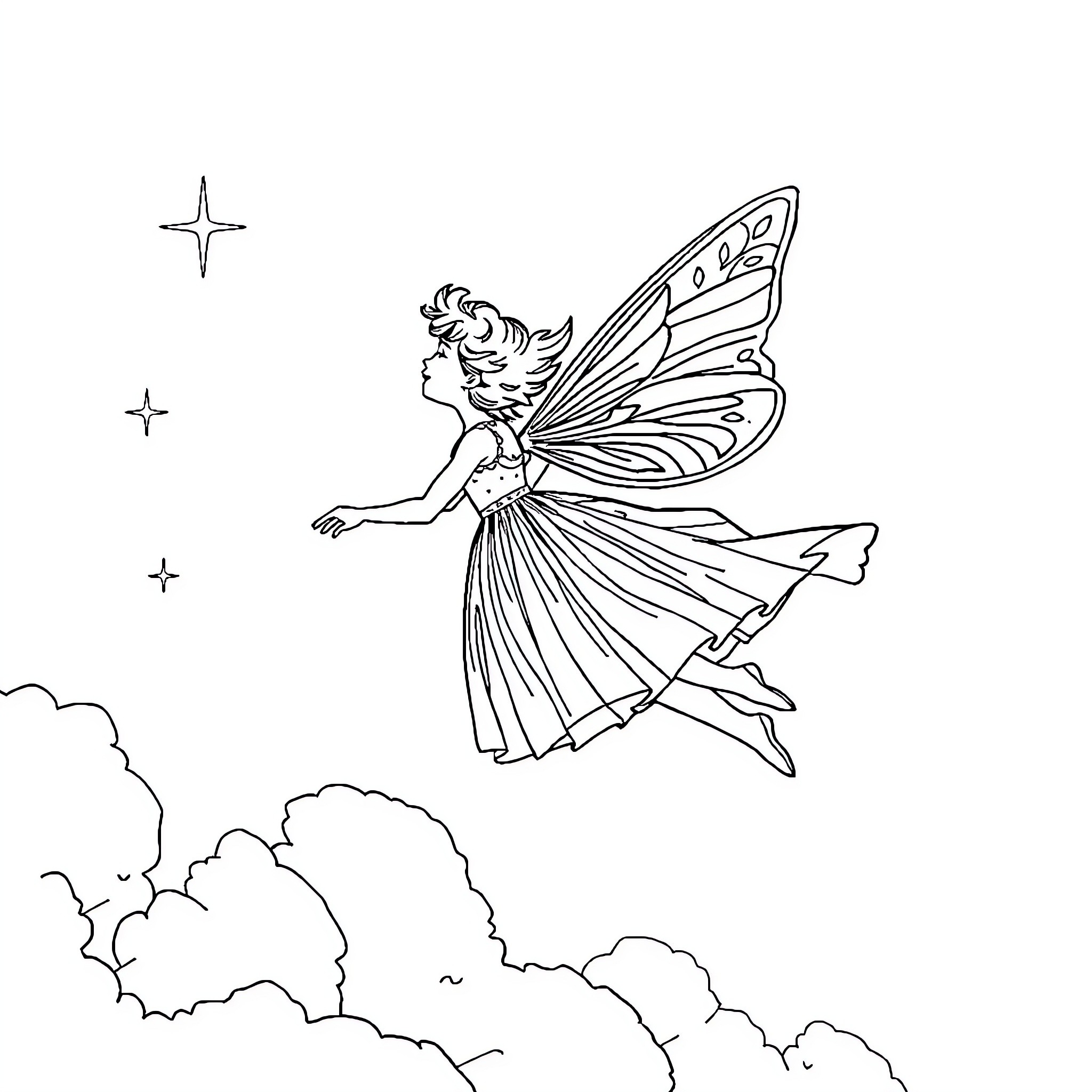 Joost Klein's whimsical fairy in the night sky Coloring Page (free black-and-white line drawing printable PDF for all, from beginners to advanced learners, including children, teens, adults, and seniors)