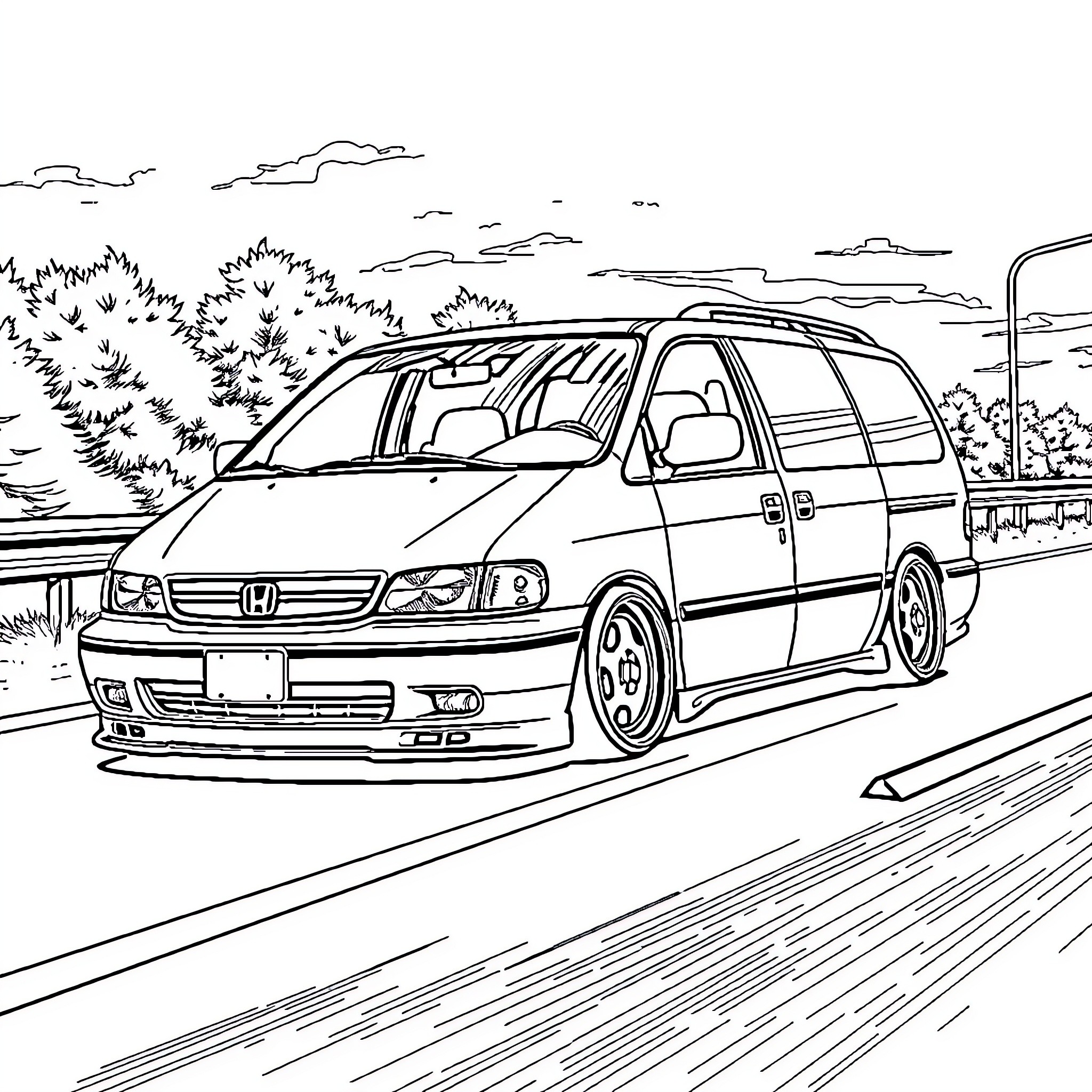 Honda SUV speeding down the highway Coloring Page (free black-and-white line drawing printable PDF for all, from beginners to advanced learners, including children, teens, adults, and seniors)