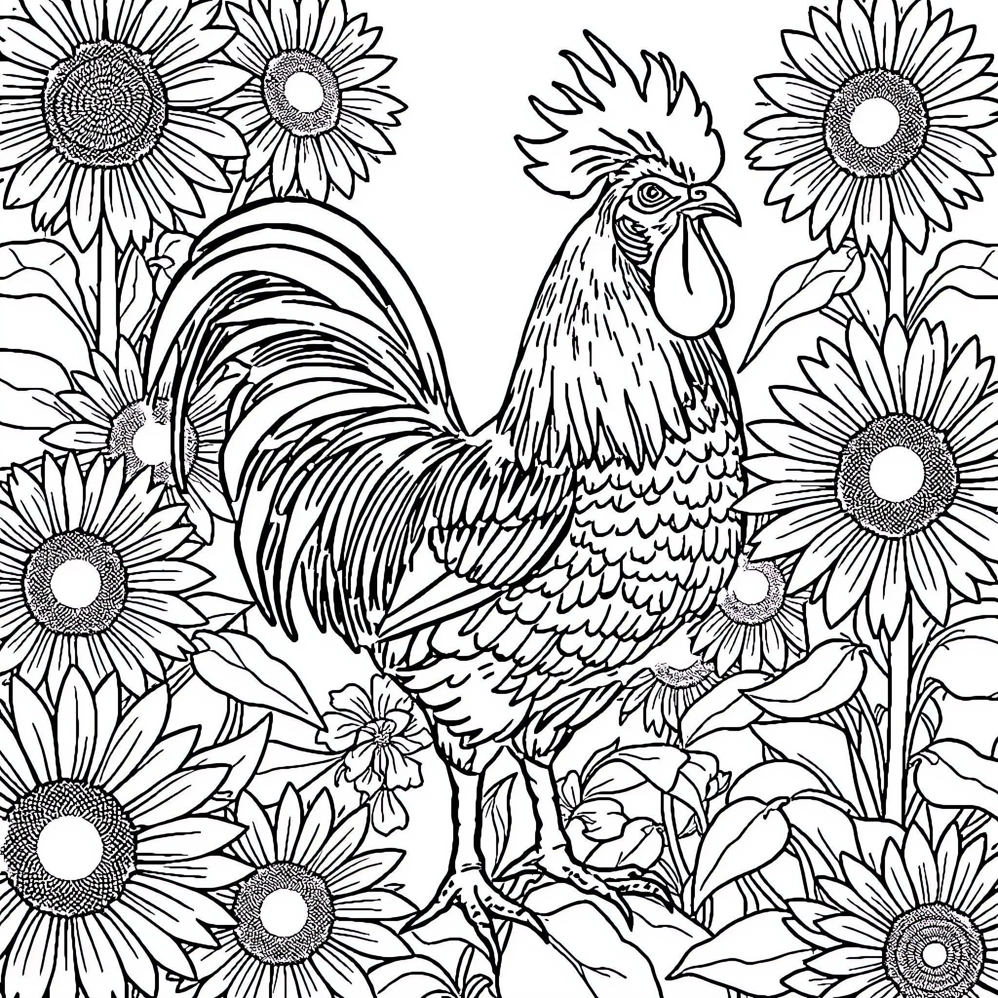 Rooster surrounded by sunflowers in a garden Coloring Page (free black-and-white line drawing printable PDF for all, from beginners to advanced learners, including children, teens, adults, and seniors)