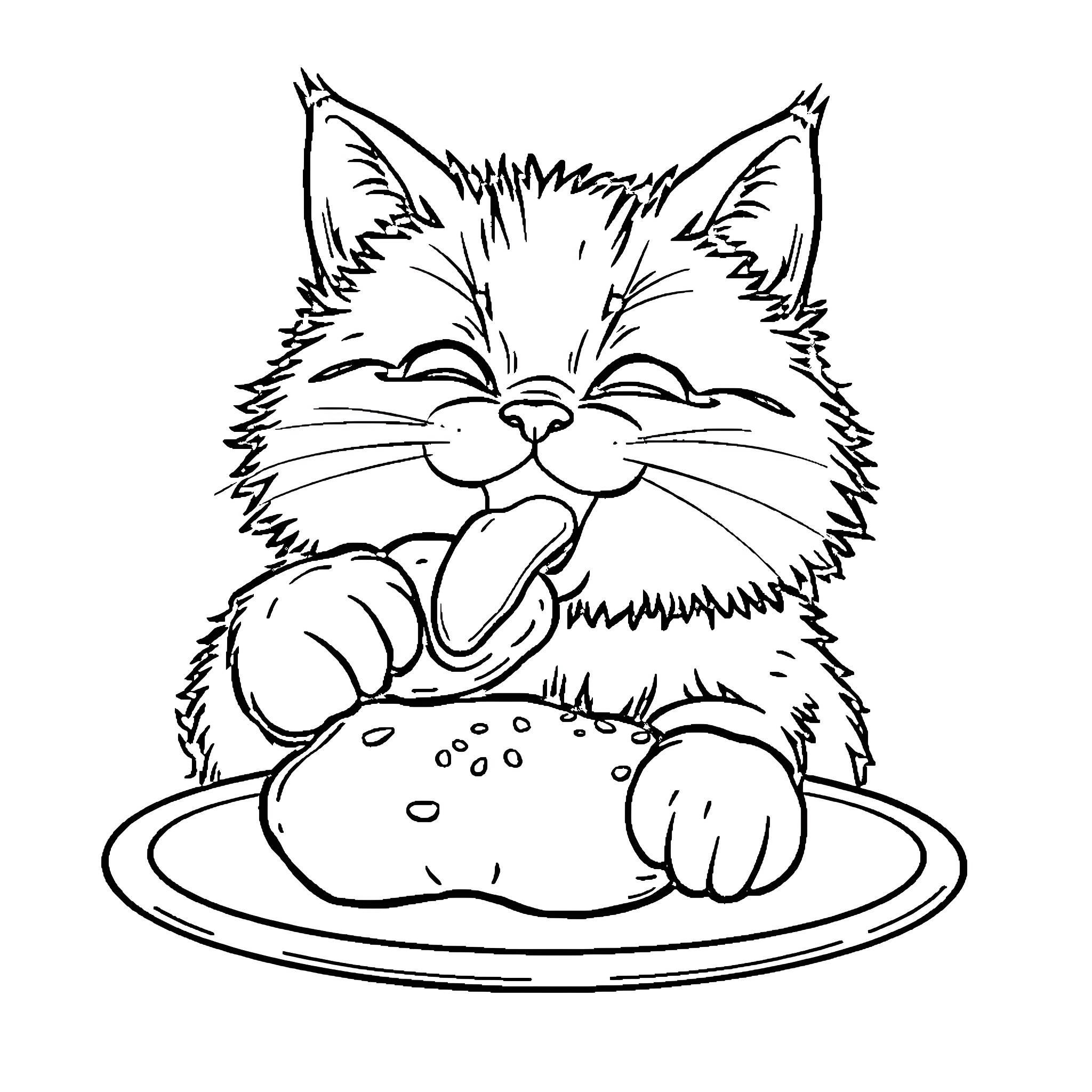 Cat relaxing and enjoying a meal Coloring Page (free black-and-white line drawing printable PDF for all, from beginners to advanced learners, including children, teens, adults, and seniors)