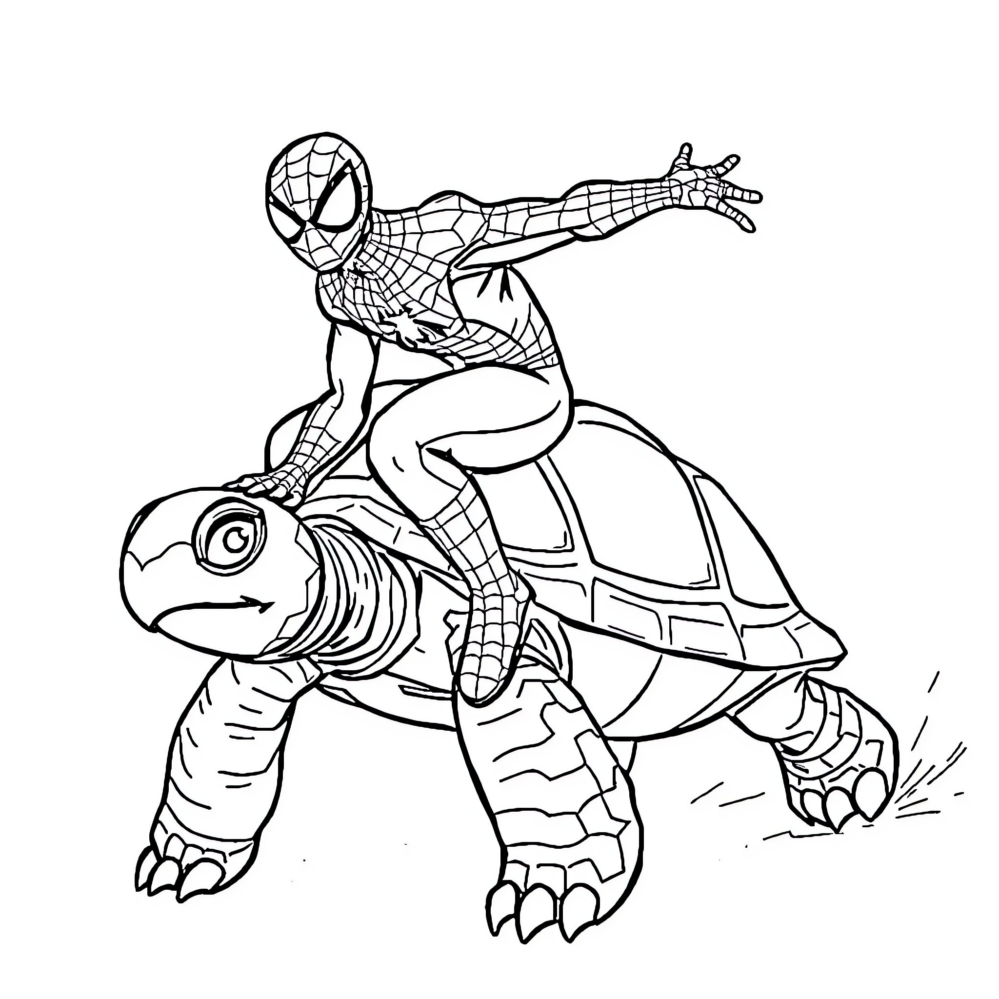 Spider-Man riding a giant turtle Coloring Page (free black-and-white line drawing printable PDF for all, from beginners to advanced learners, including children, teens, adults, and seniors)