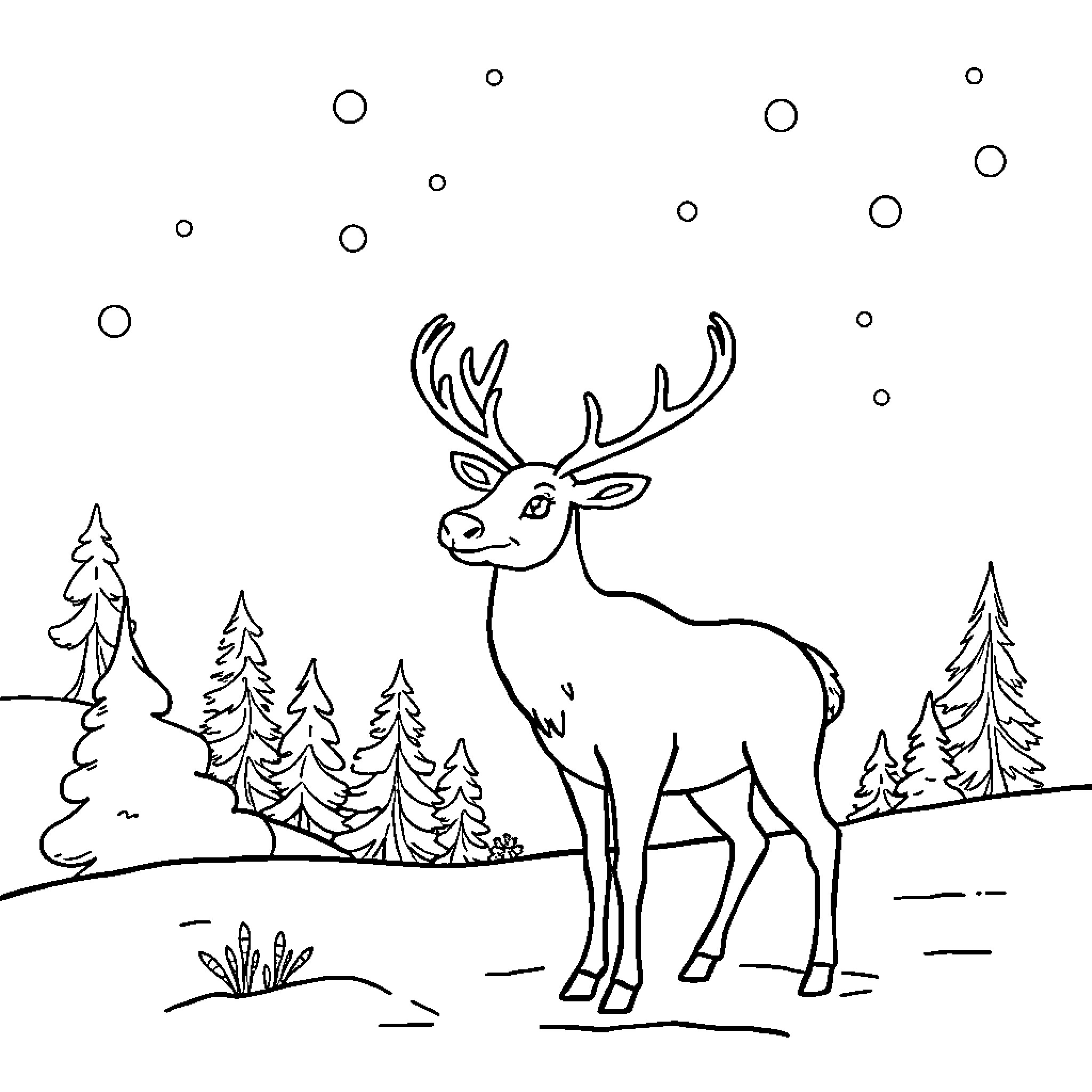 Reindeer standing in a winter landscape Coloring Page (free black-and-white line drawing printable PDF for all, from beginners to advanced learners, including children, teens, adults, and seniors)
