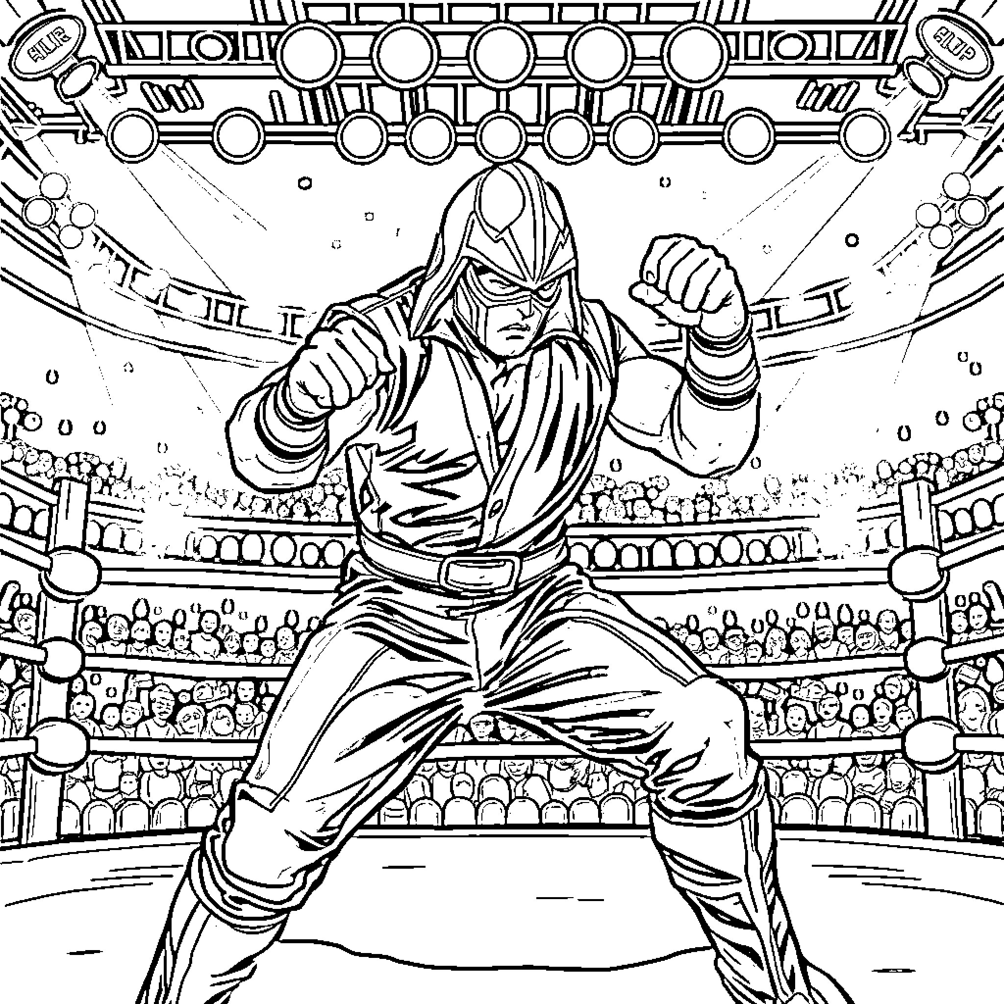 Luchador in action-packed wrestling match Coloring Page (free black-and-white line drawing printable PDF for all, from beginners to advanced learners, including children, teens, adults, and seniors)