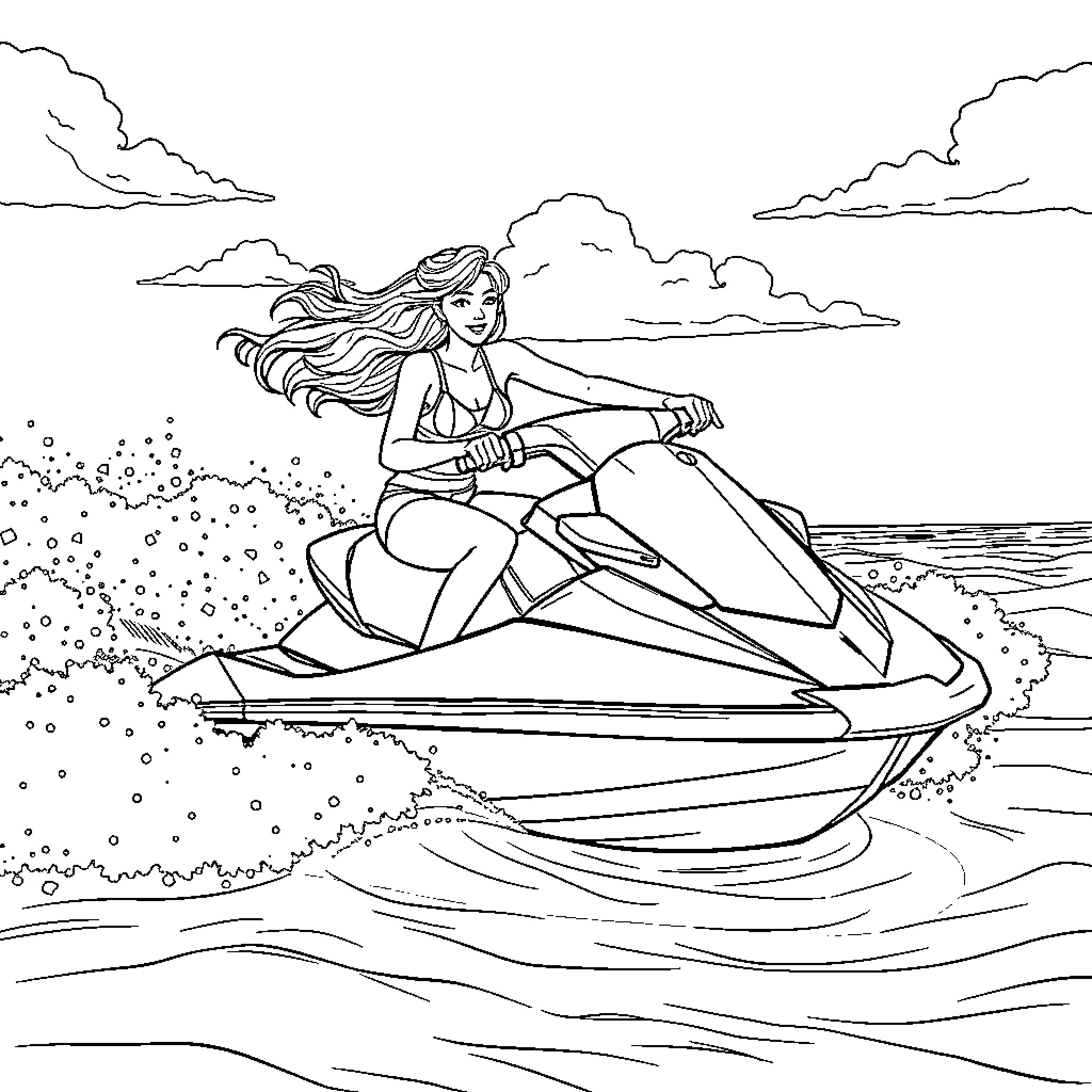 Zoey's Thrilling Jet Ski Adventure Coloring Page (free black-and-white line drawing printable PDF for all, from beginners to advanced learners, including children, teens, adults, and seniors)