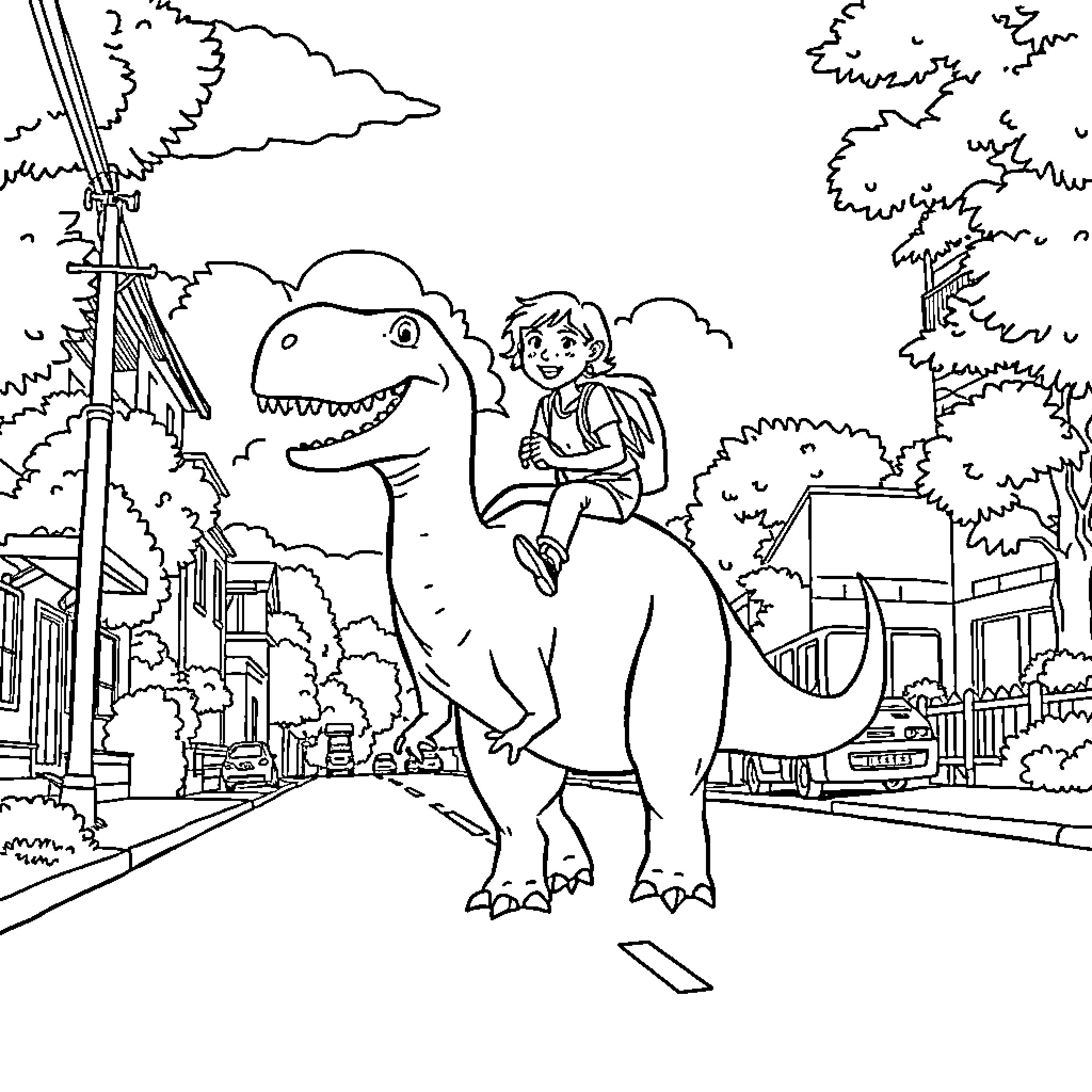 Woman and Dinosaur Exploring the Neighborhood Coloring Page (free black-and-white line drawing printable PDF for all, from beginners to advanced learners, including children, teens, adults, and seniors)