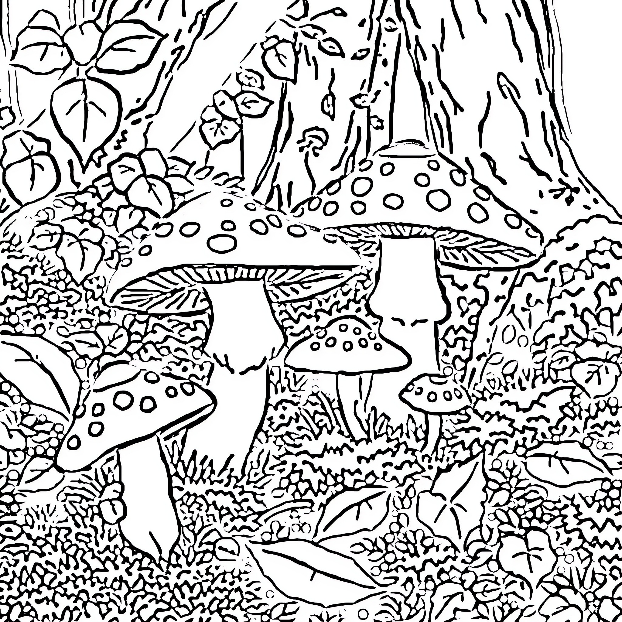 Fungi Flourishing in a Whimsical Forest Scene Coloring Page (free black-and-white line drawing printable PDF for all, from beginners to advanced learners, including children, teens, adults, and seniors)