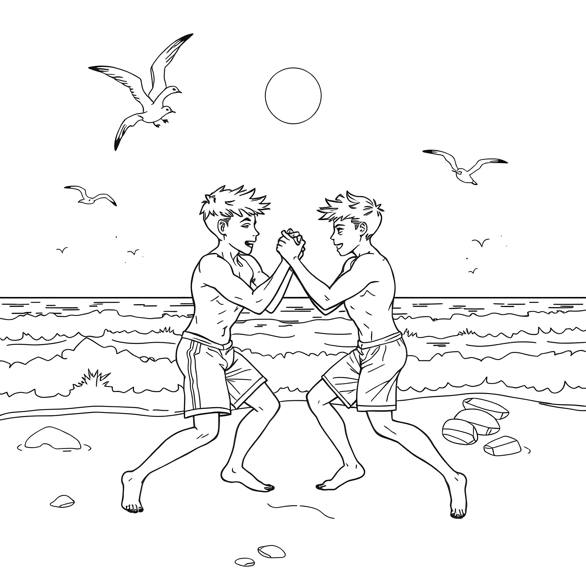 Twink men arm wrestling on the beach Coloring Page (free black-and-white line drawing printable PDF for all, from beginners to advanced learners, including children, teens, adults, and seniors)