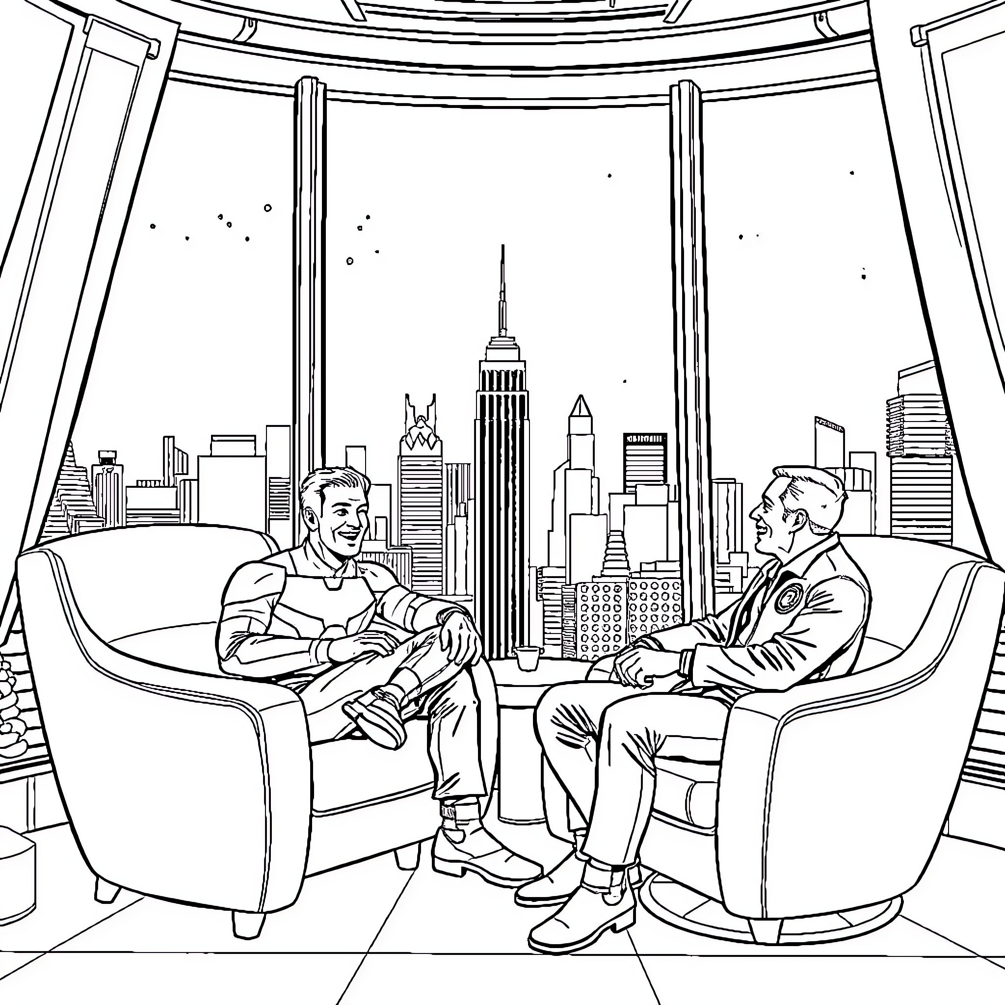 Bob Discusses Important Matters with Business Partner Coloring Page (free black-and-white line drawing printable PDF for all, from beginners to advanced learners, including children, teens, adults, and seniors)