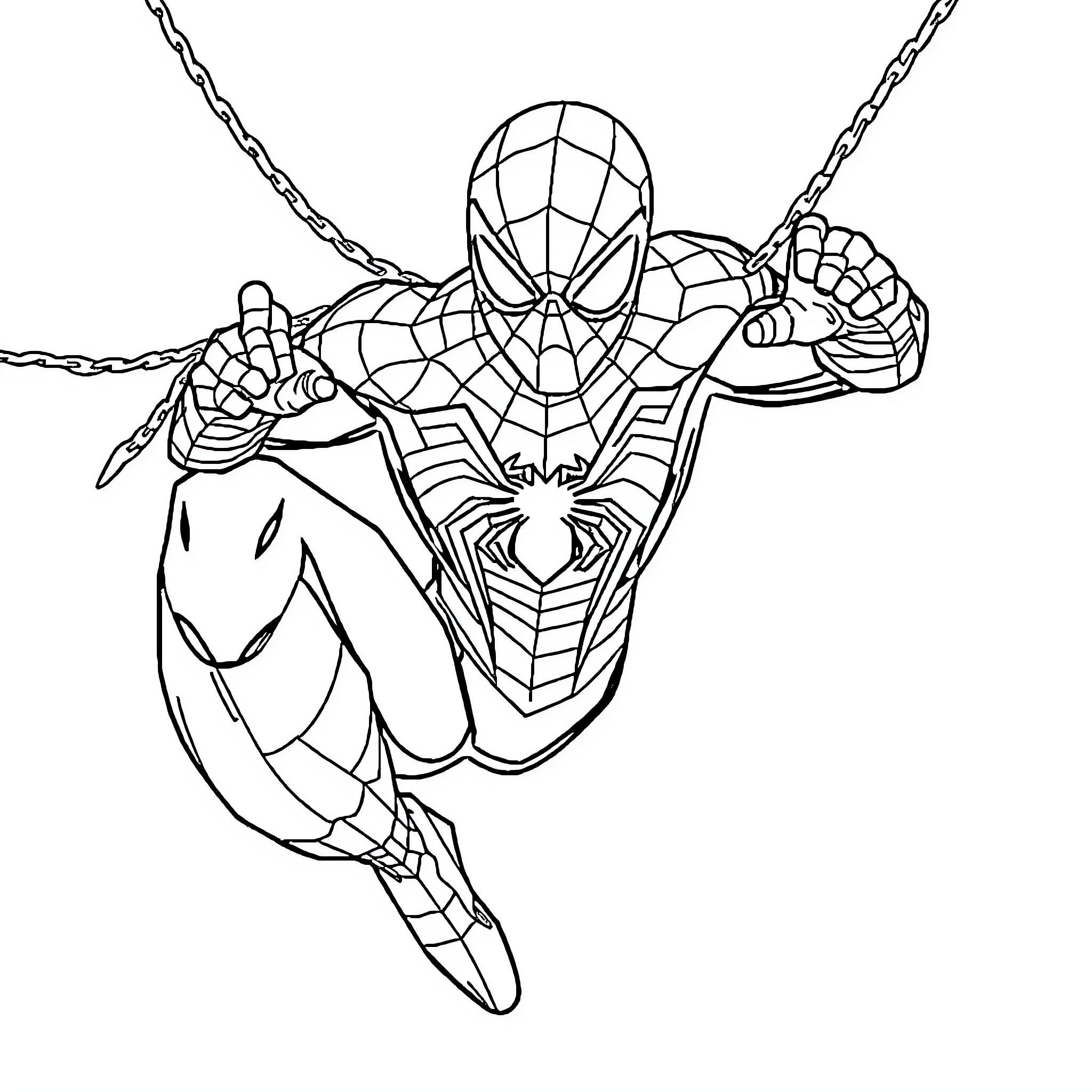 Spiderman swinging through the city with web-slinging action Coloring Page (free black-and-white line drawing printable PDF for all, from beginners to advanced learners, including children, teens, adults, and seniors)