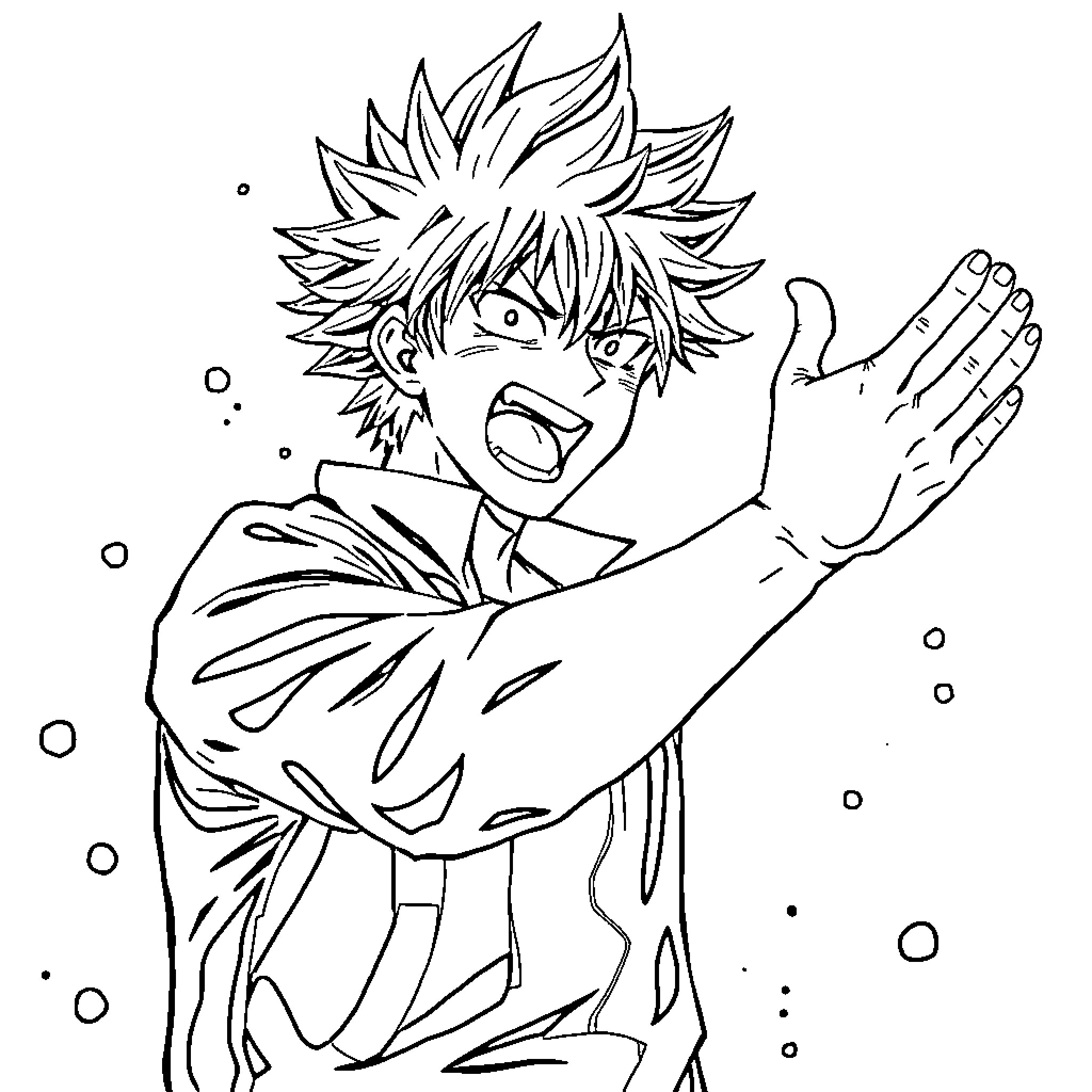Bakugo's Energetic Heroic Pose Coloring Page (free black-and-white line drawing printable PDF for all, from beginners to advanced learners, including children, teens, adults, and seniors)