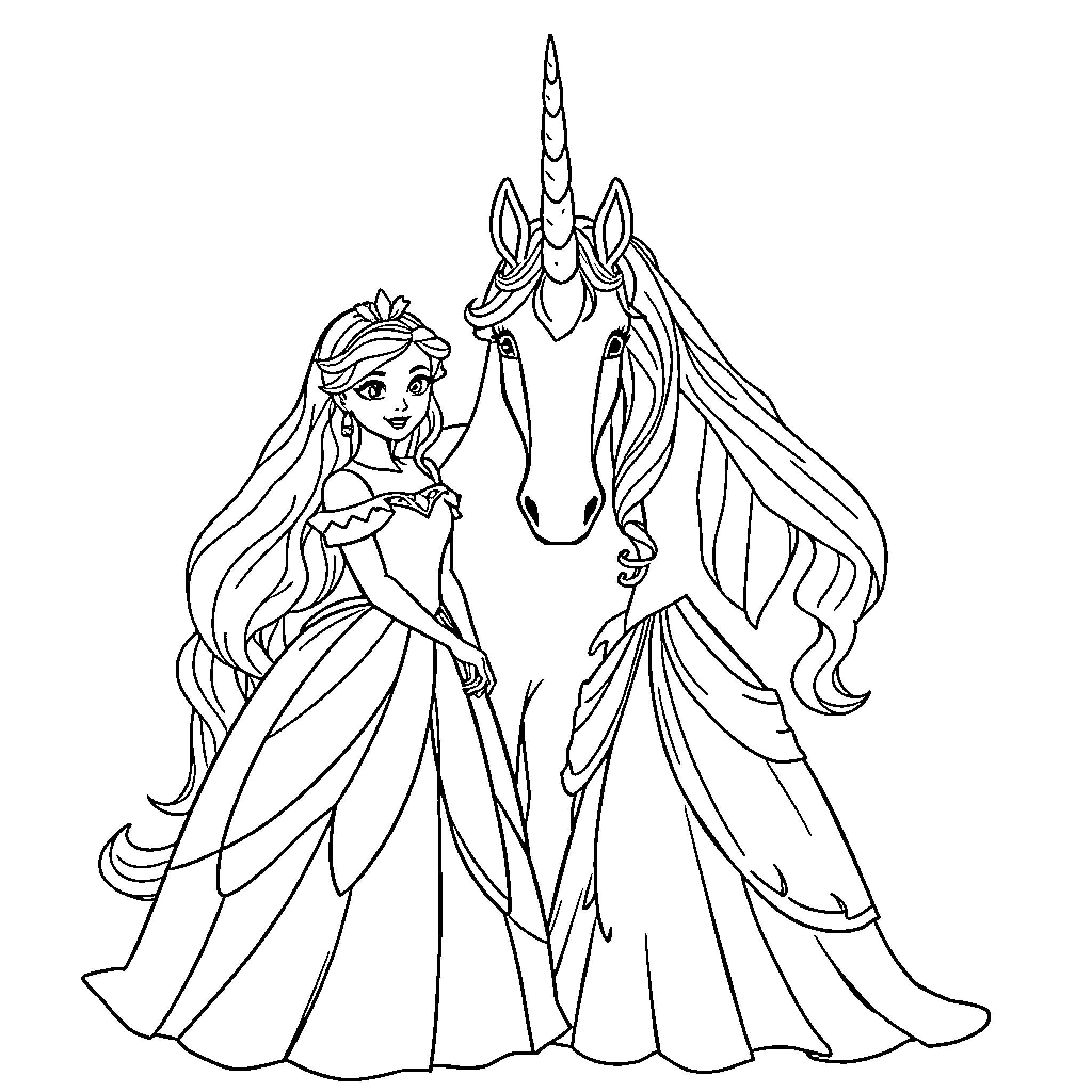 Princess and Majestic Unicorn in Enchanting Embrace Coloring Page (free black-and-white line drawing printable PDF for all, from beginners to advanced learners, including children, teens, adults, and seniors)