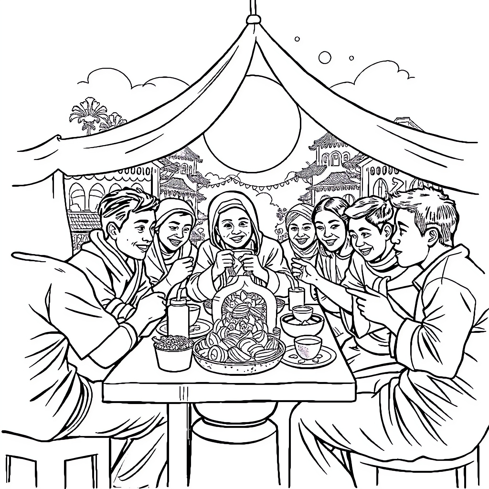 Tung Tung Family Enjoying Mealtime at Carnival Coloring Page (free black-and-white line drawing printable PDF for all, from beginners to advanced learners, including children, teens, adults, and seniors)
