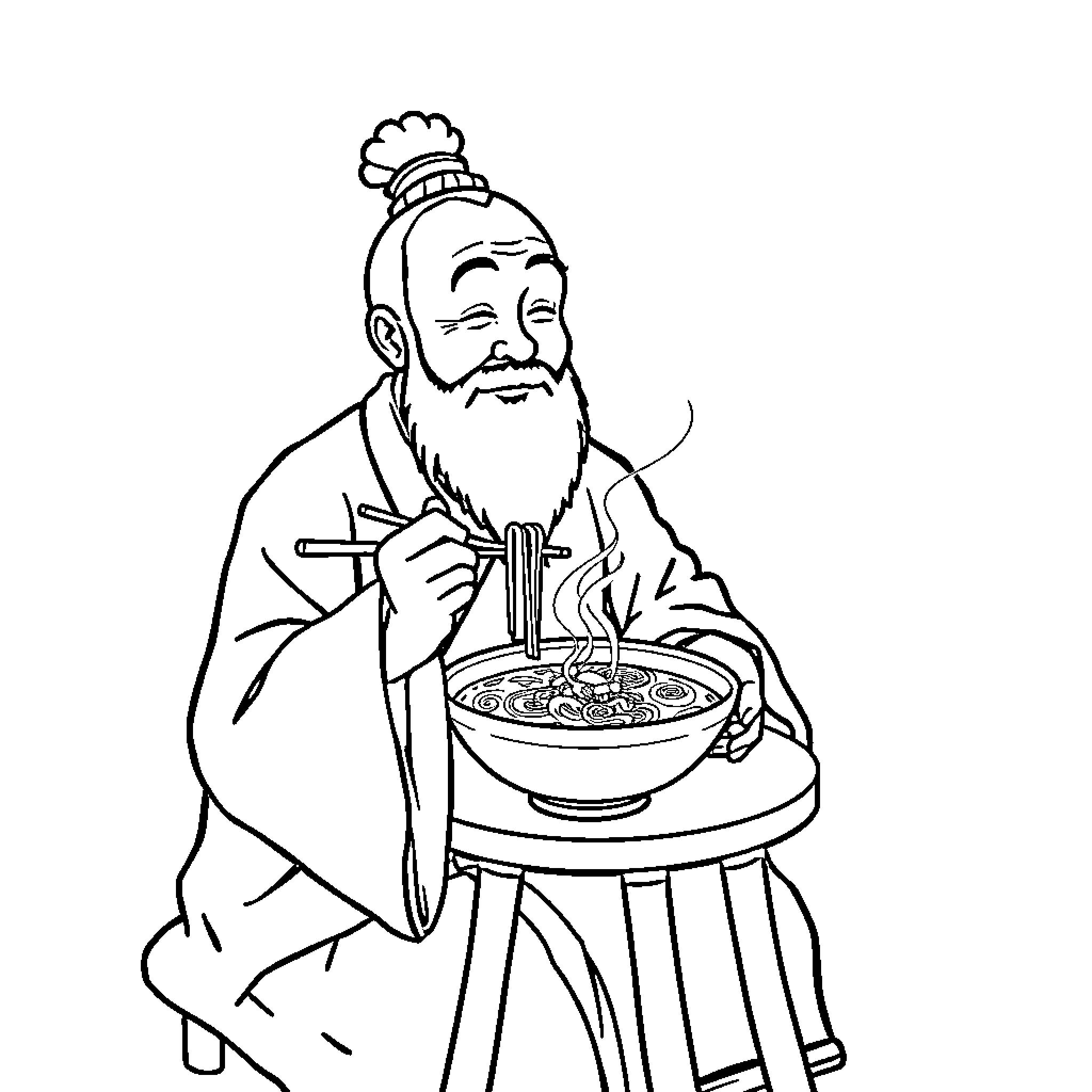 Rumi enjoying a warm bowl of nourishment Coloring Page (free black-and-white line drawing printable PDF for all, from beginners to advanced learners, including children, teens, adults, and seniors)