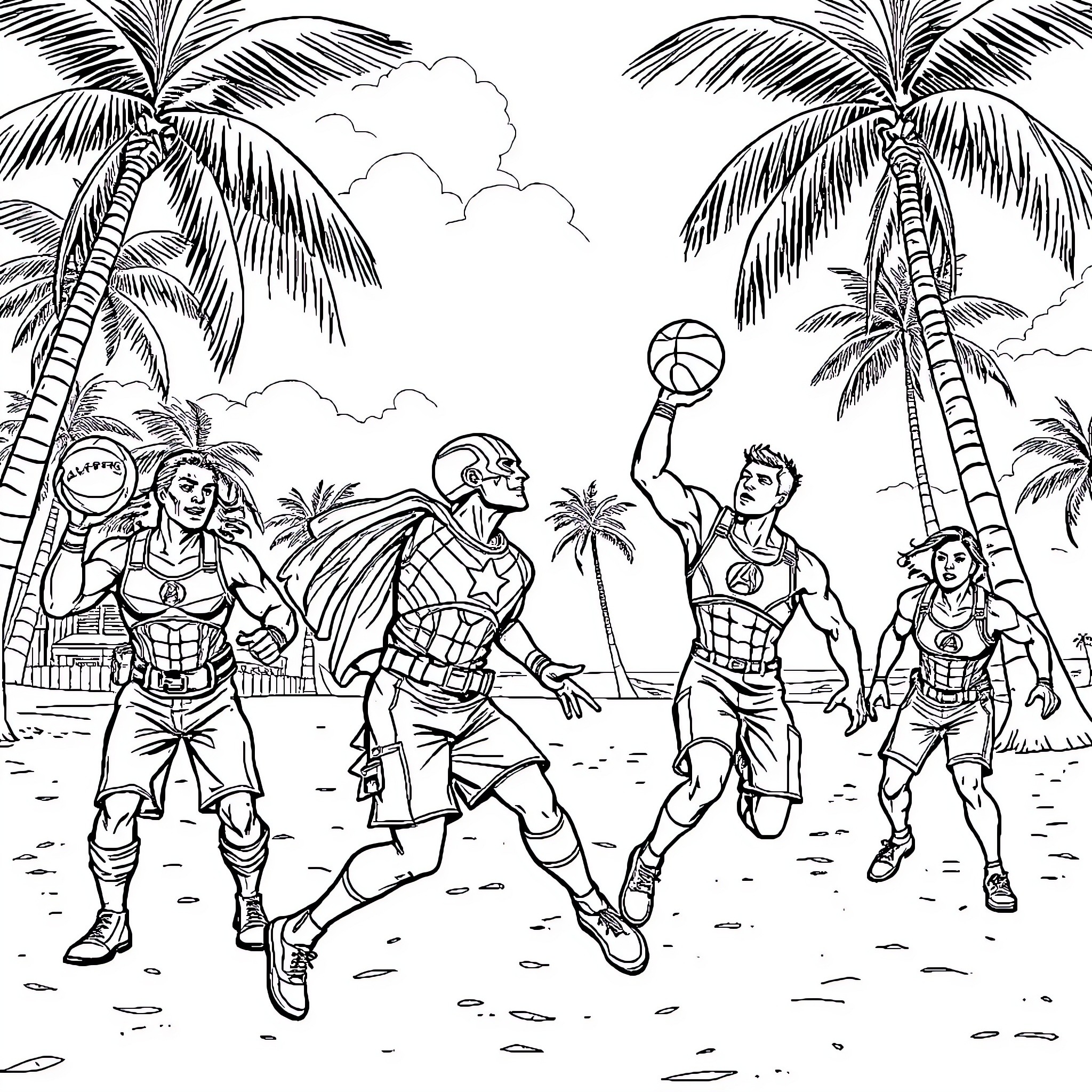Avenger heroes playing beach volleyball in tropical paradise Coloring Page (free black-and-white line drawing printable PDF for all, from beginners to advanced learners, including children, teens, adults, and seniors)