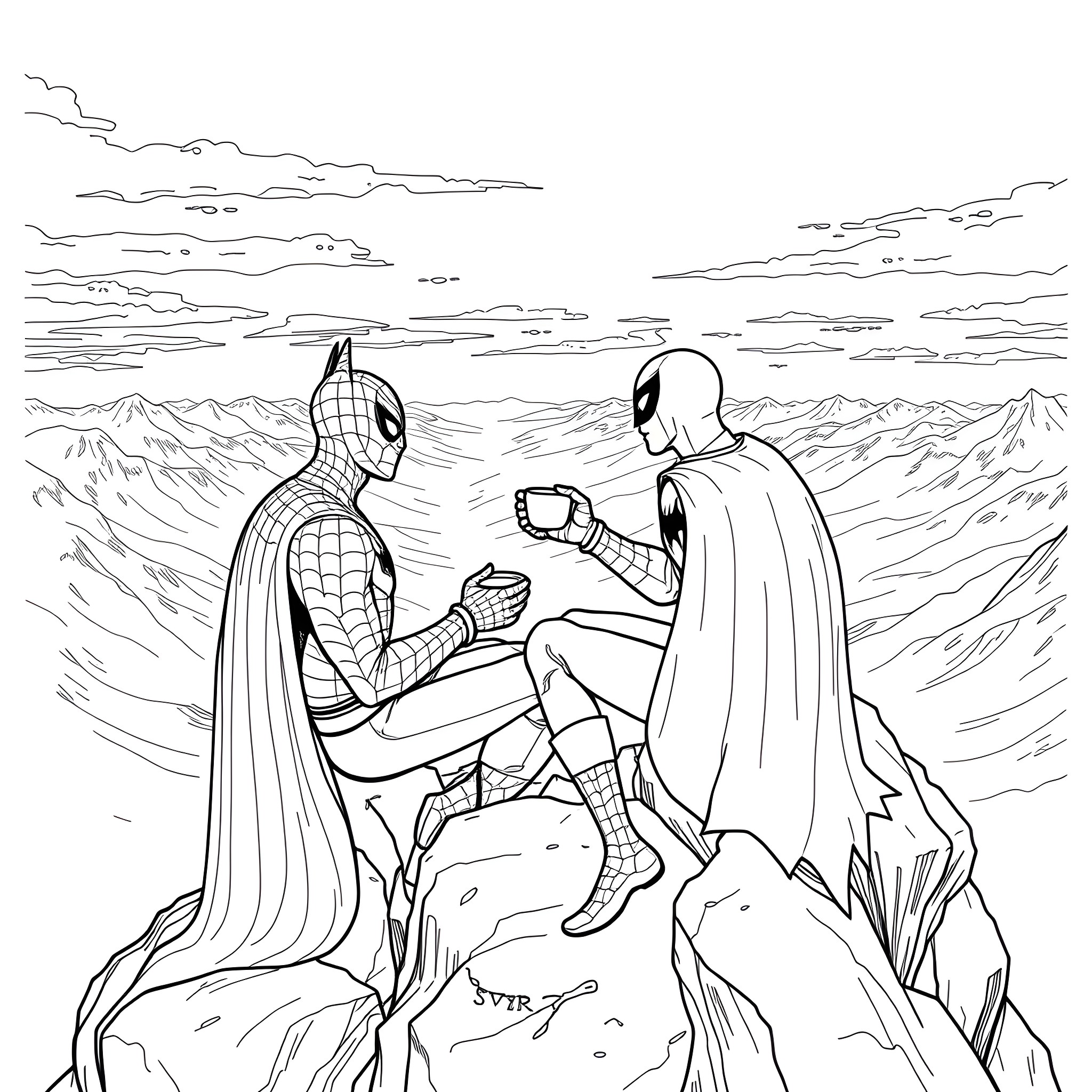Batman contemplating with a mysterious figure in the mountains Coloring Page (free black-and-white line drawing printable PDF for all, from beginners to advanced learners, including children, teens, adults, and seniors)