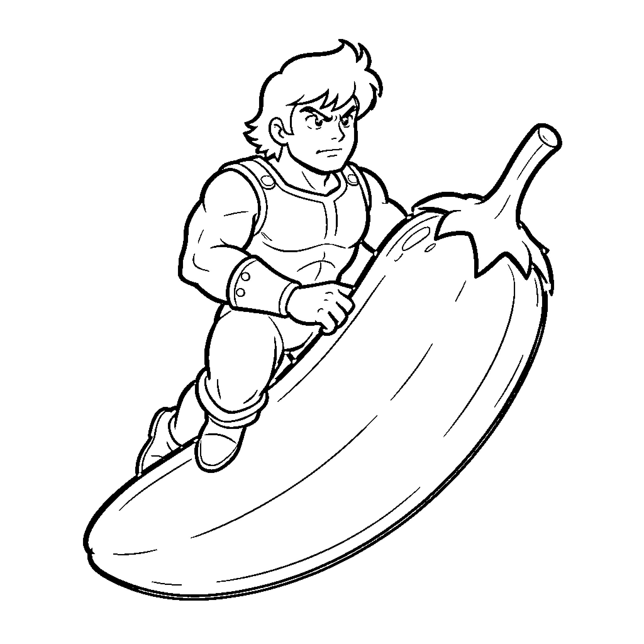 Captain Planet riding a giant vegetable with a determined expression Coloring Page (free black-and-white line drawing printable PDF for all, from beginners to advanced learners, including children, teens, adults, and seniors)