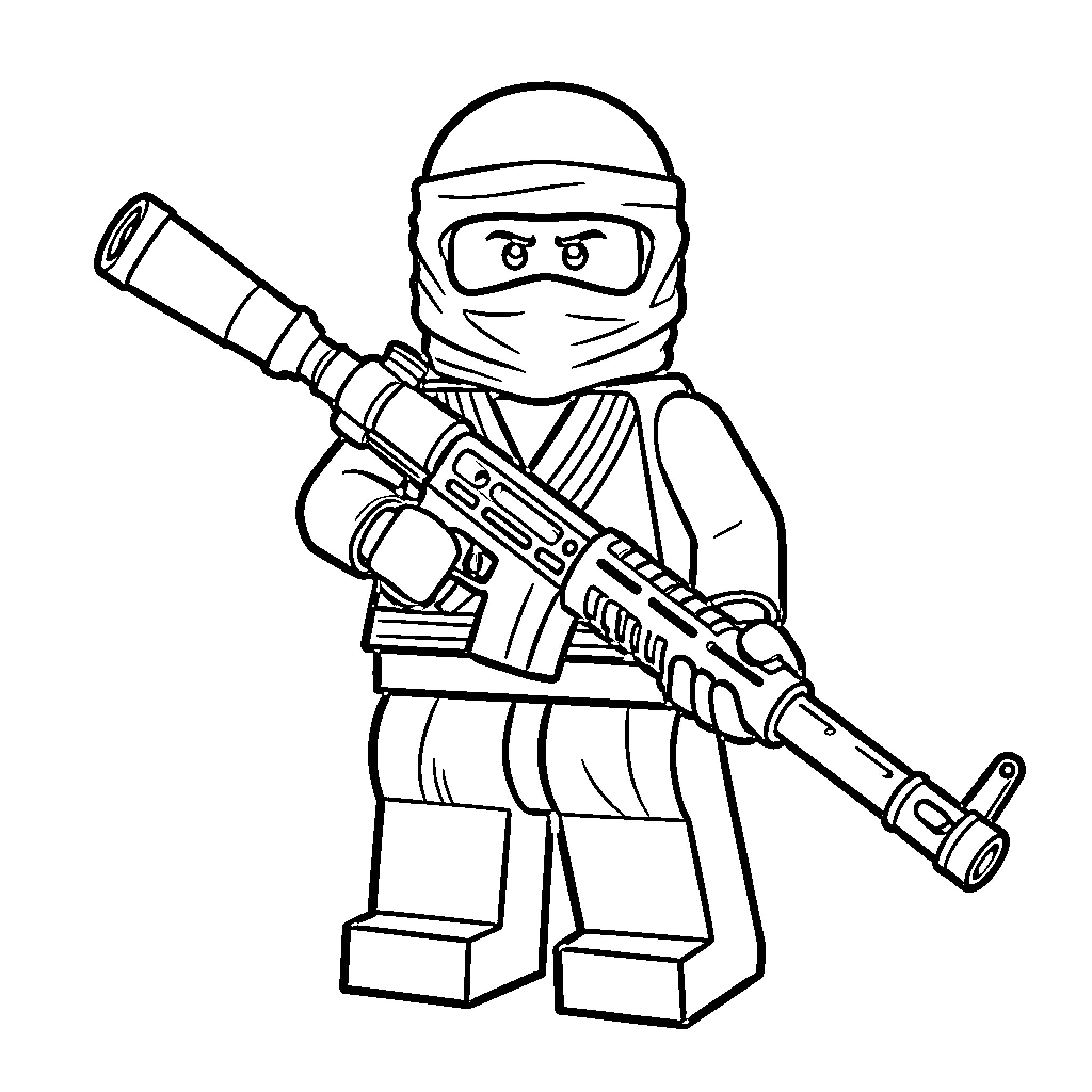 LEGO Figure ninja holding a large rifle Coloring Page (free black-and-white line drawing printable PDF for all, from beginners to advanced learners, including children, teens, adults, and seniors)