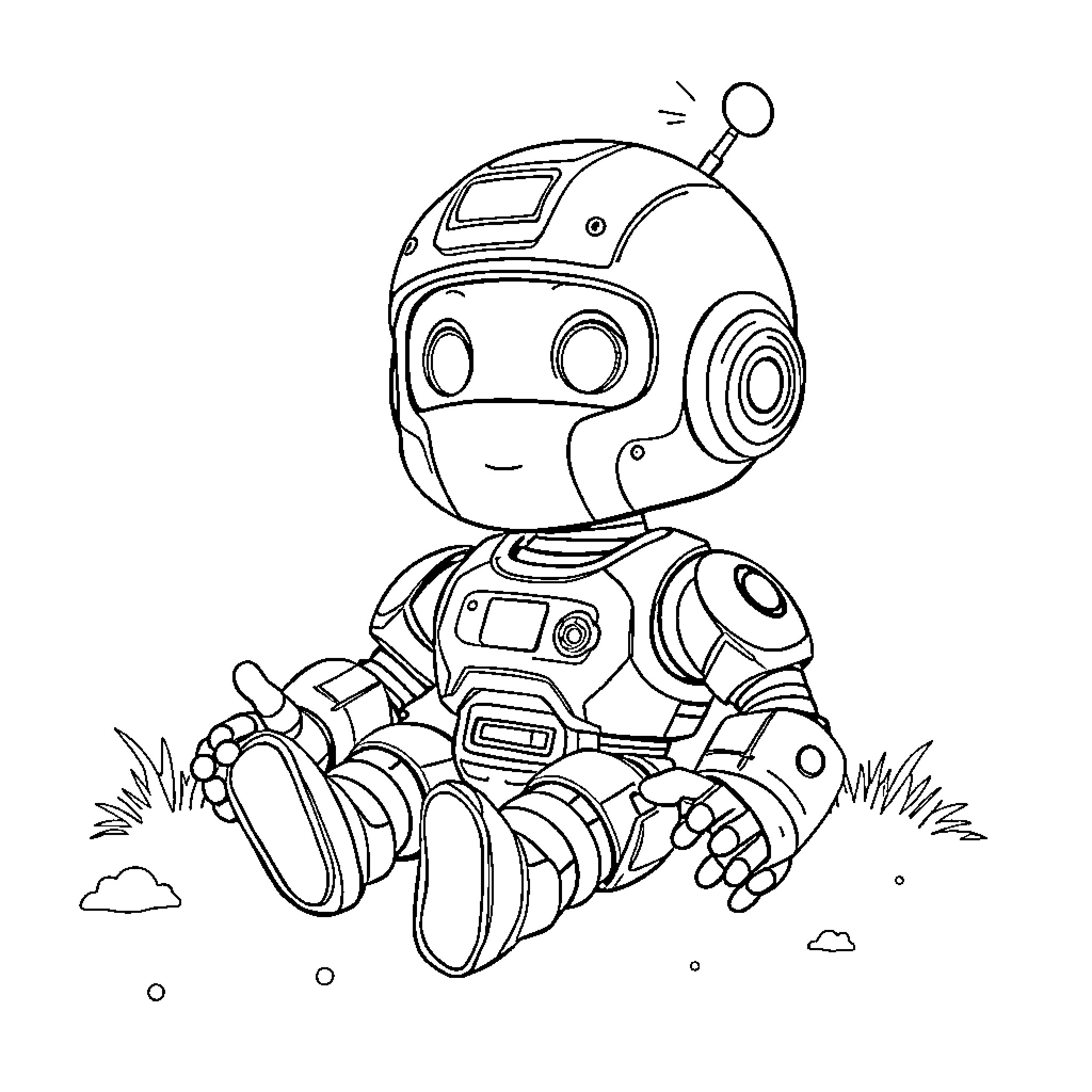 Robot sitting calmly in nature Coloring Page (free black-and-white line drawing printable PDF for all, from beginners to advanced learners, including children, teens, adults, and seniors)