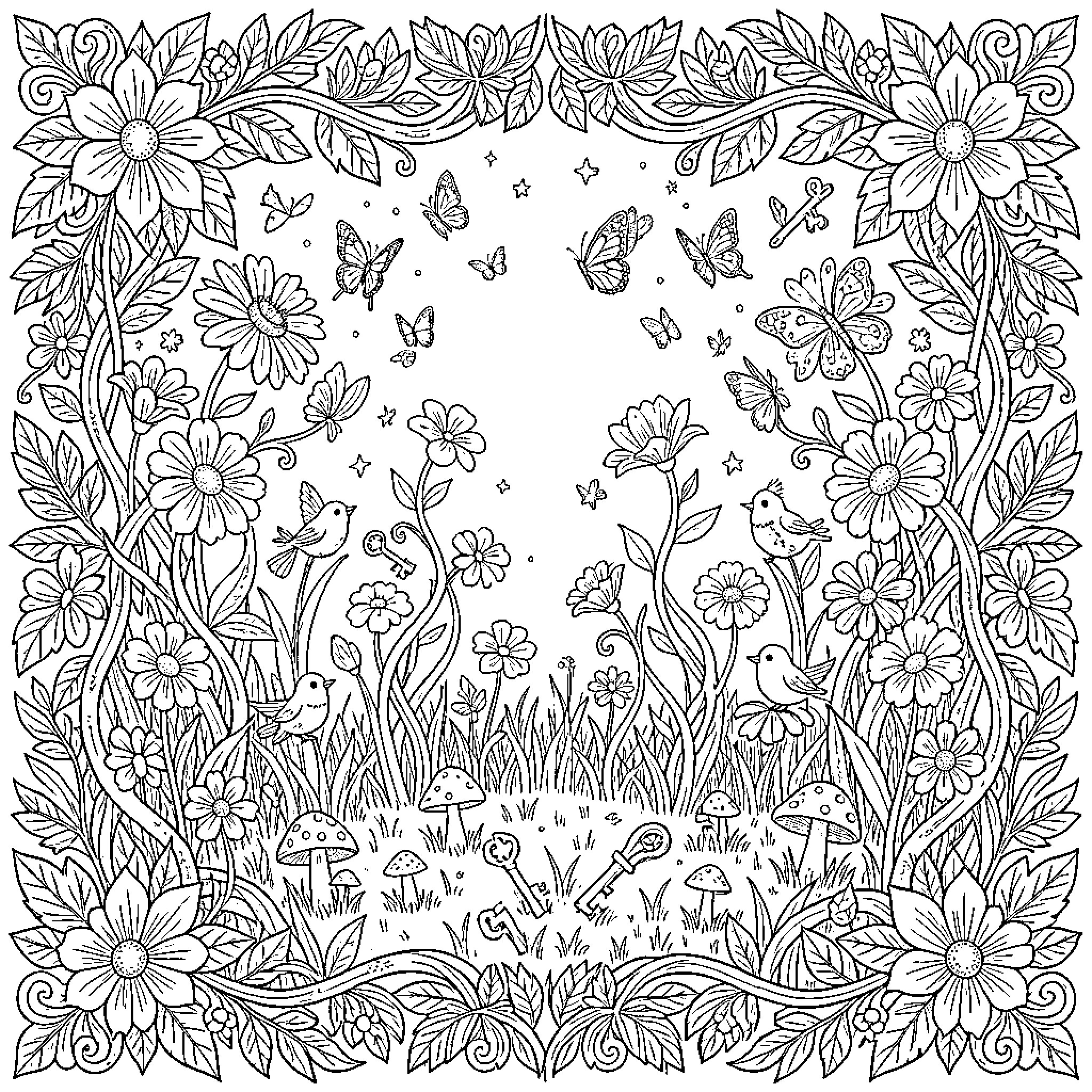 Garden filled with flowers, plants, and butterflies Coloring Page (free black-and-white line drawing printable PDF for all, from beginners to advanced learners, including children, teens, adults, and seniors)