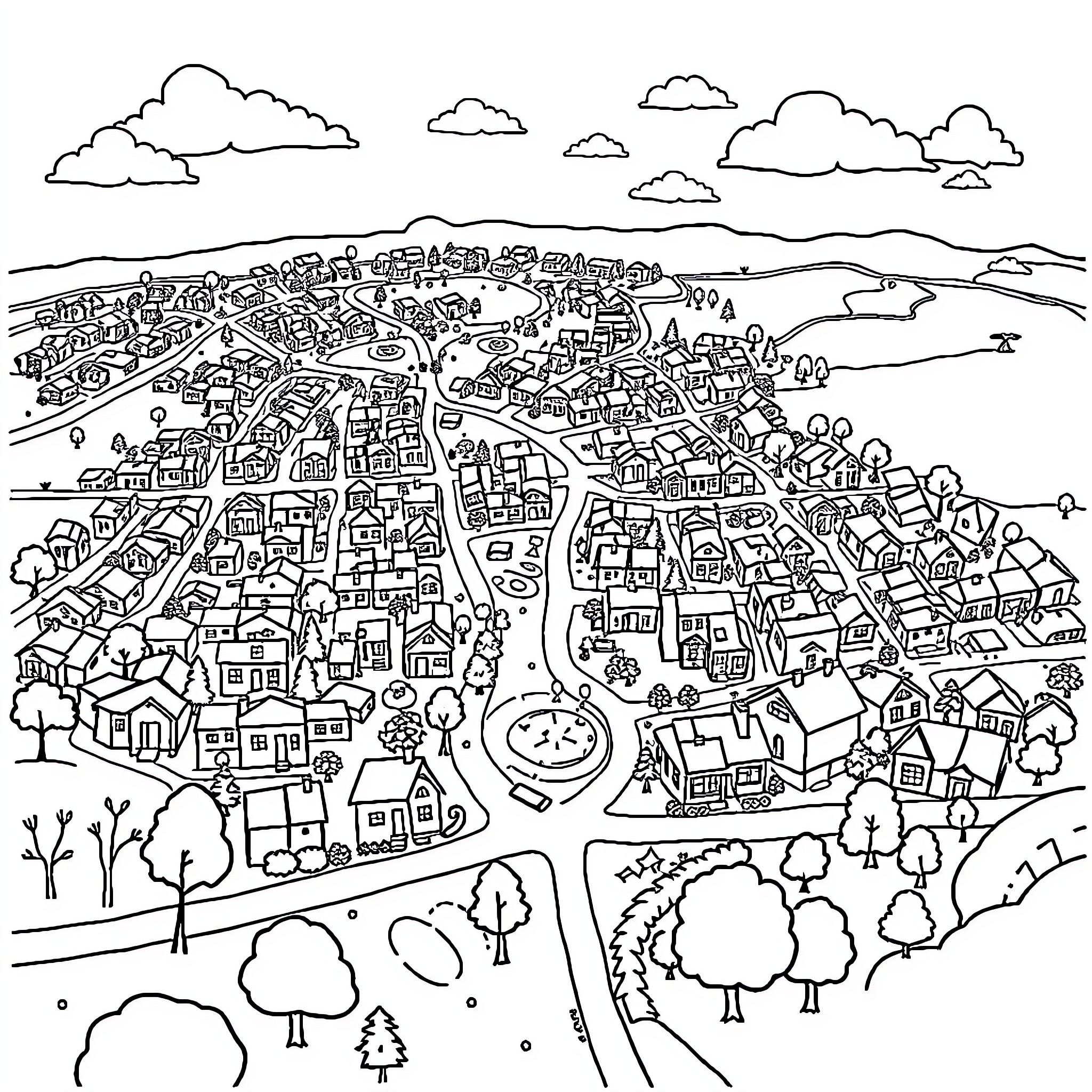 Neighborhood with Lively Activities and Diverse Scenes Coloring Page (free black-and-white line drawing printable PDF for all, from beginners to advanced learners, including children, teens, adults, and seniors)