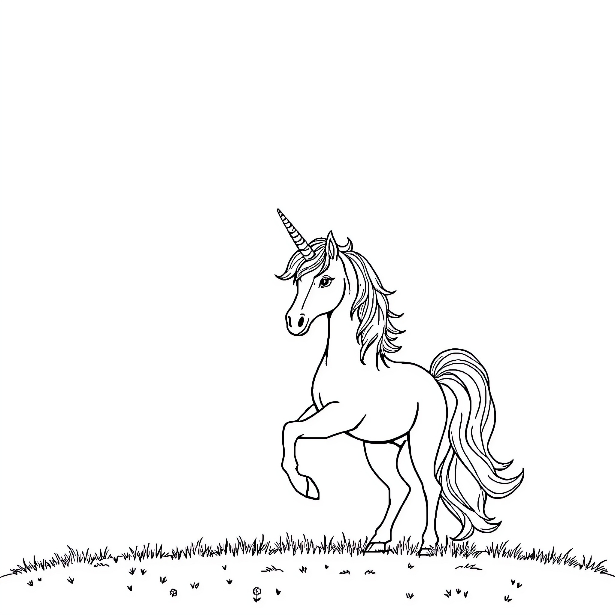 Unicorn standing in a meadow Coloring Page (free black-and-white line drawing printable PDF for all, from beginners to advanced learners, including children, teens, adults, and seniors)