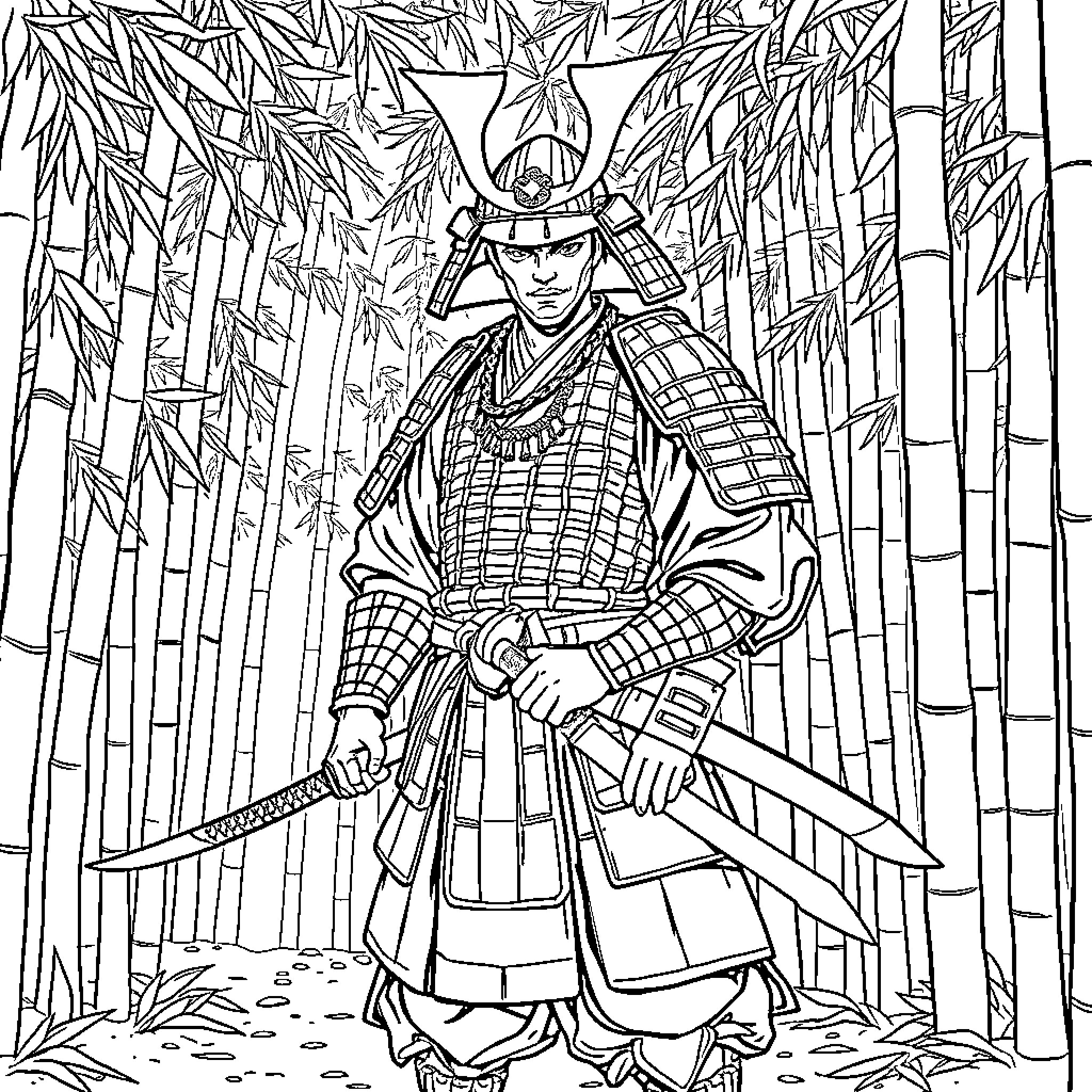 Samurai warrior in bamboo forest with sword Coloring Page (free black-and-white line drawing printable PDF for all, from beginners to advanced learners, including children, teens, adults, and seniors)