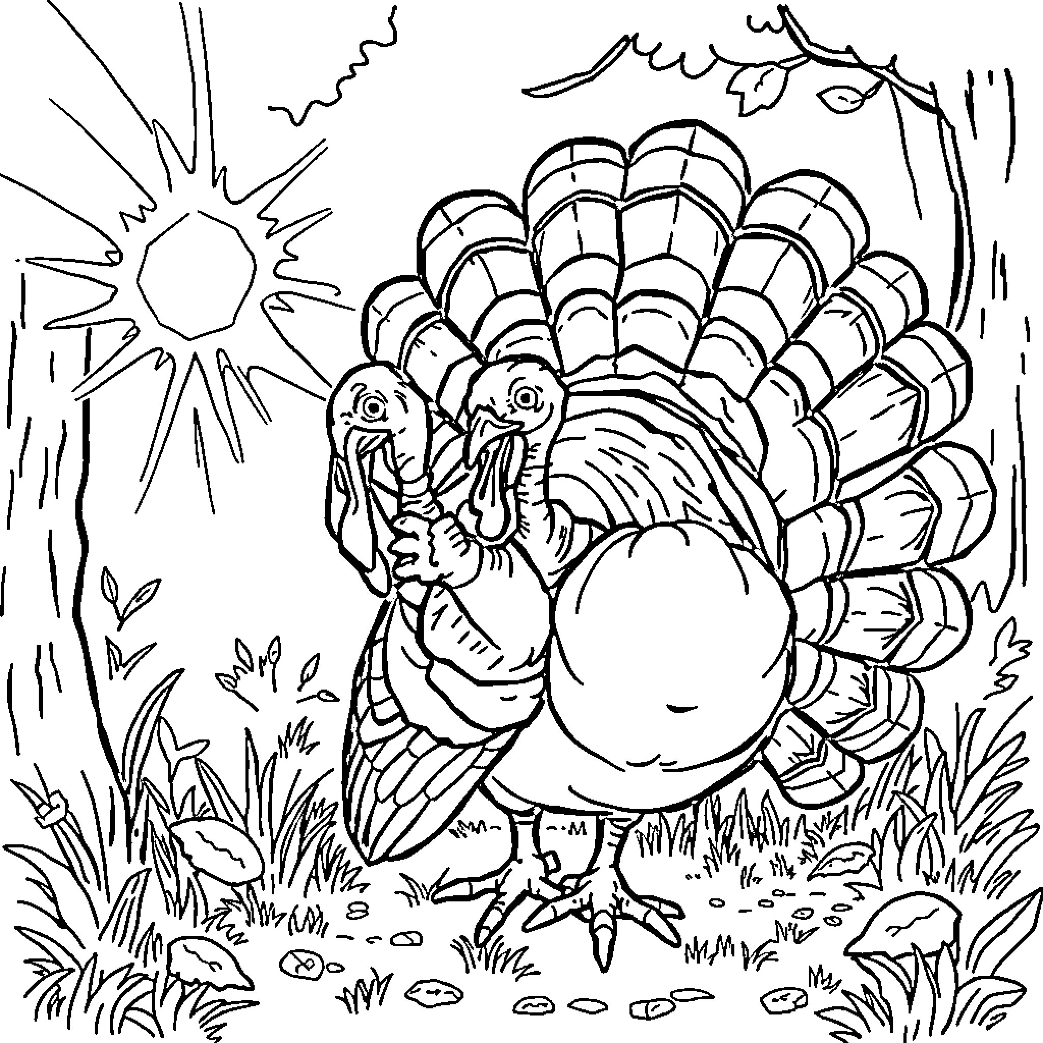 Turkey strutting in the natural landscape Coloring Page (free black-and-white line drawing printable PDF for all, from beginners to advanced learners, including children, teens, adults, and seniors)
