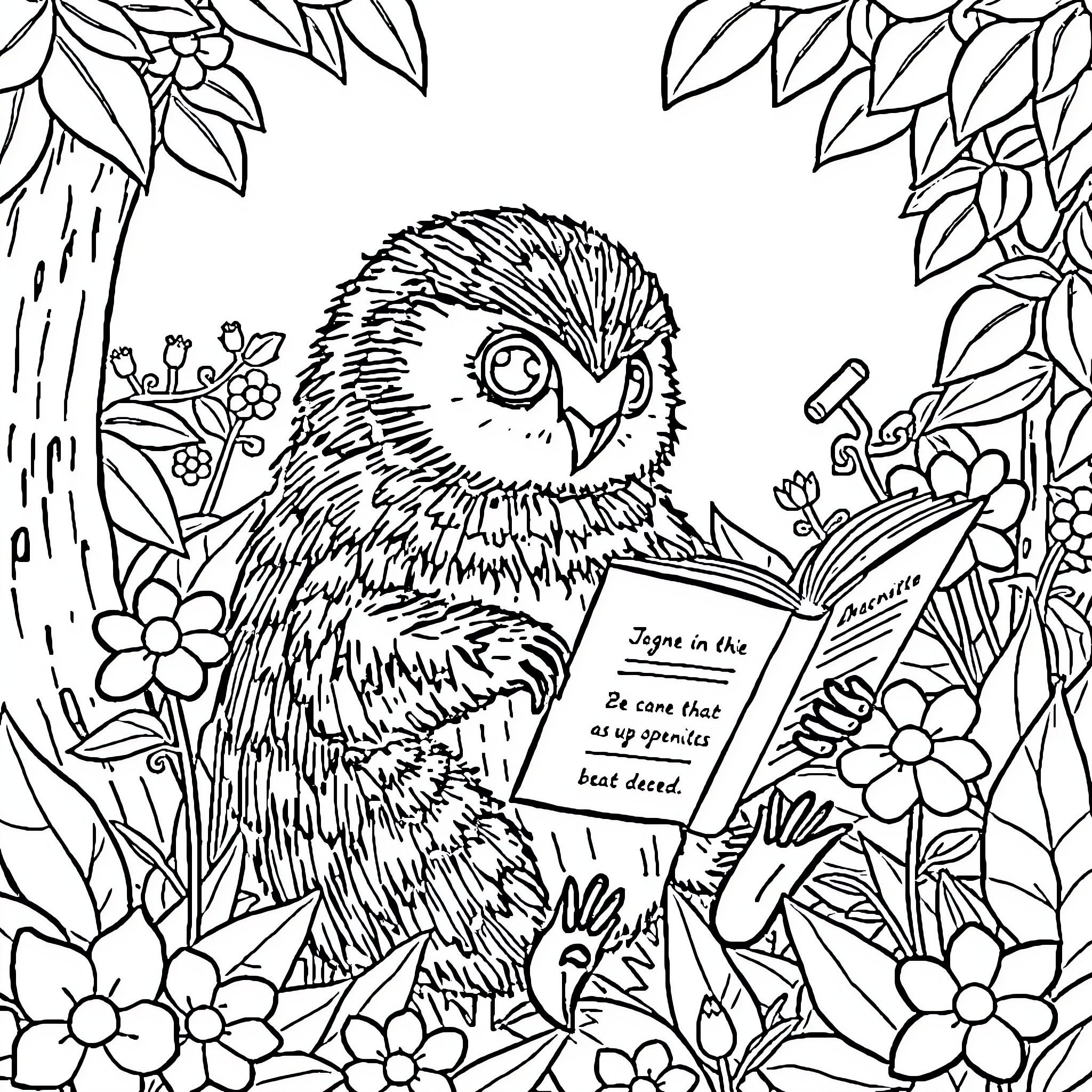 Bear reading a book in the garden Coloring Page (free black-and-white line drawing printable PDF for all, from beginners to advanced learners, including children, teens, adults, and seniors)