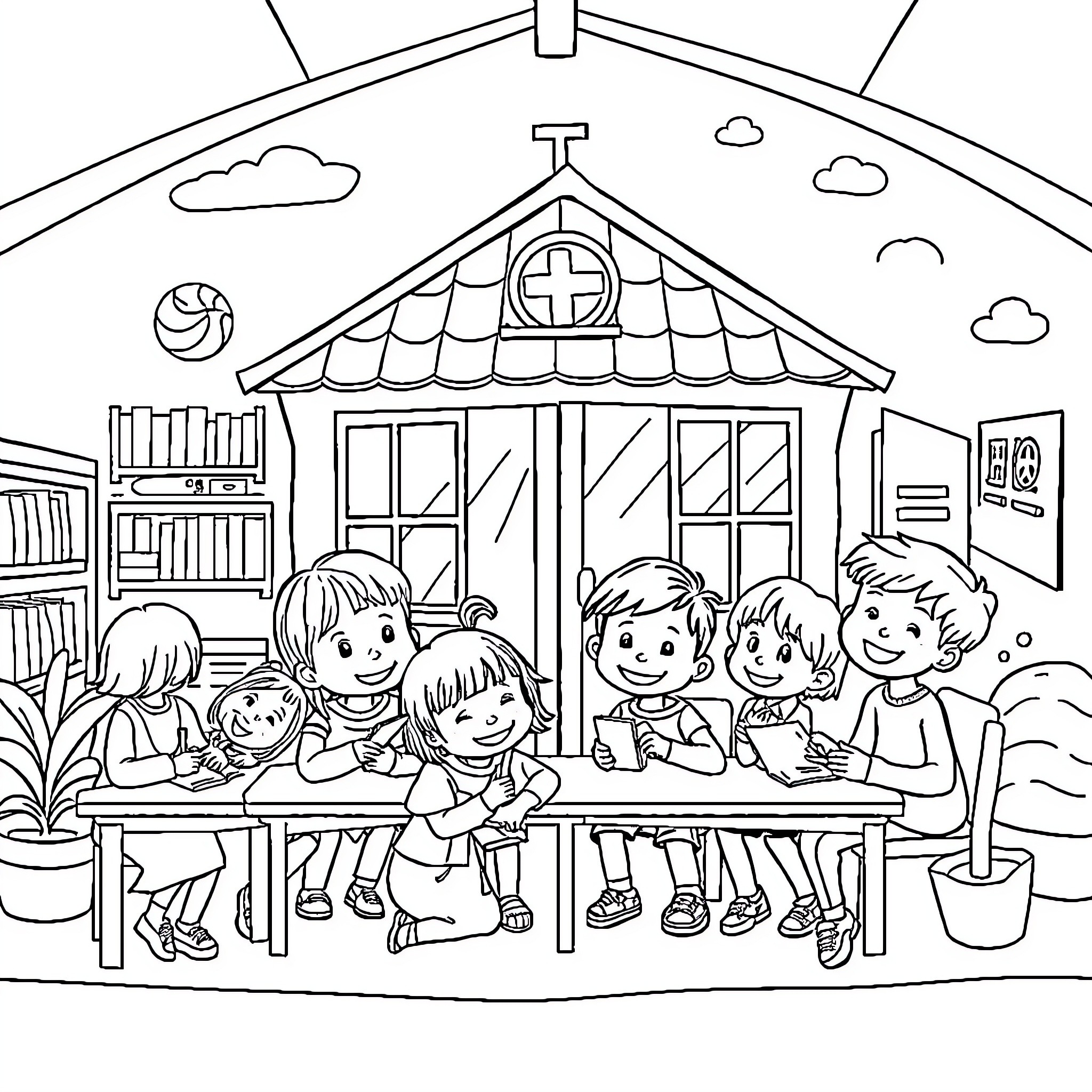 Tchoupiecole: Children learning and playing in the classroom Coloring Page (free black-and-white line drawing printable PDF for all, from beginners to advanced learners, including children, teens, adults, and seniors)