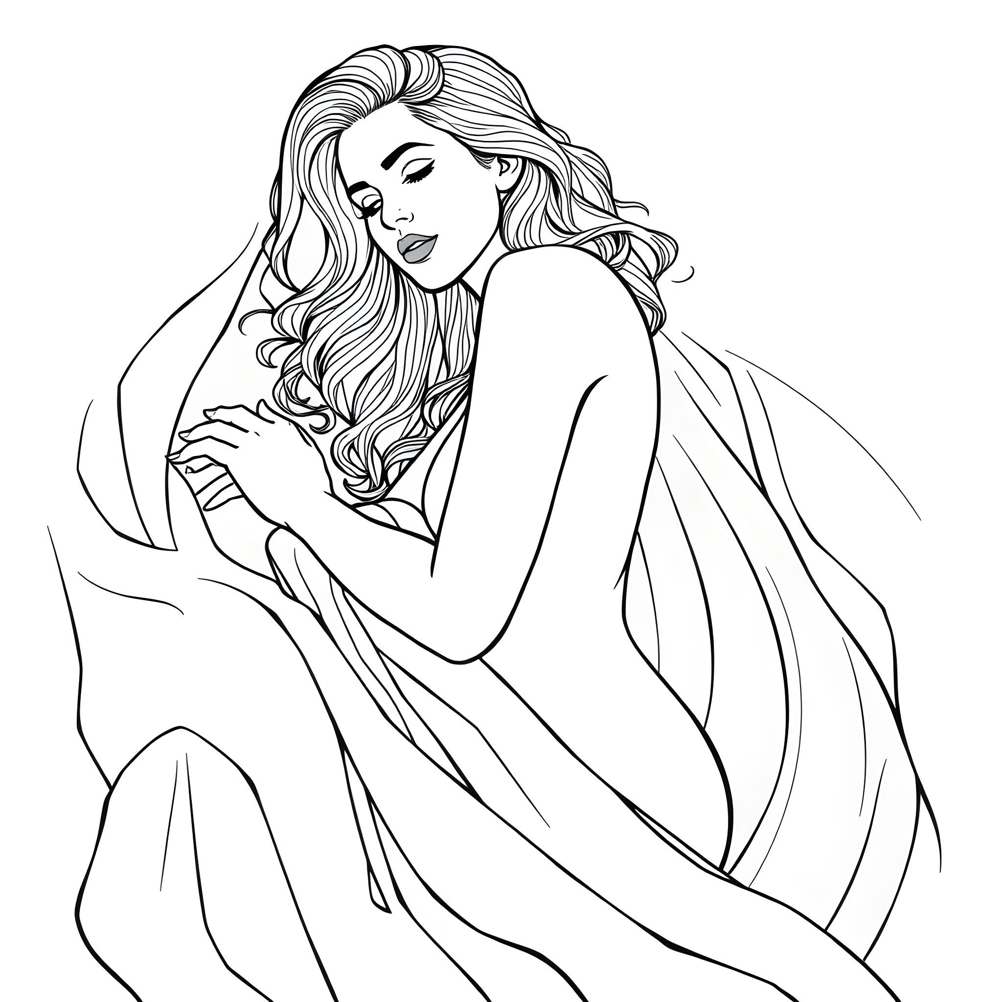 Woman embracing herself in a flowing robe Coloring Page (free black-and-white line drawing printable PDF for all, from beginners to advanced learners, including children, teens, adults, and seniors)