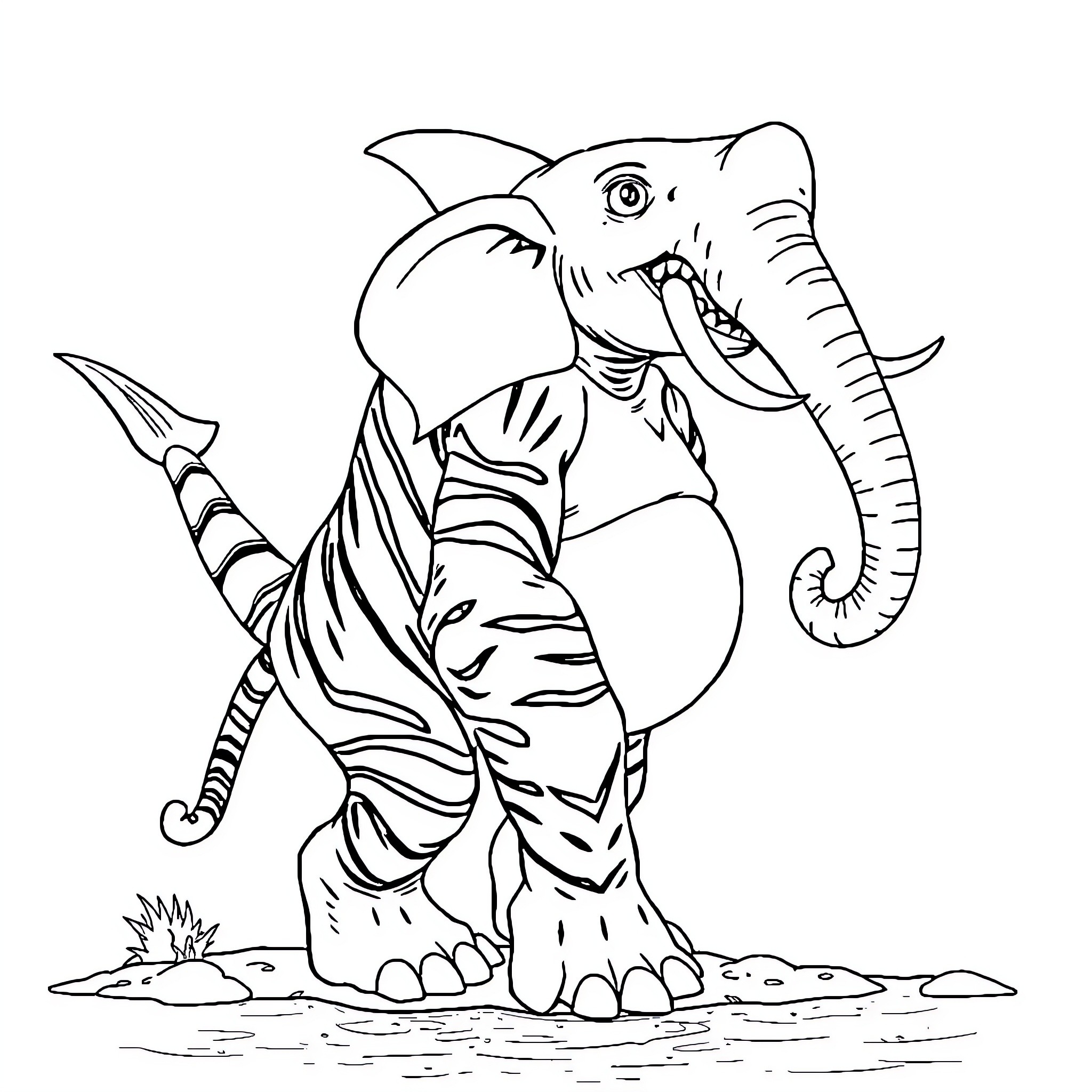 Creature with striped outfit and long trunk Coloring Page (free black-and-white line drawing printable PDF for all, from beginners to advanced learners, including children, teens, adults, and seniors)