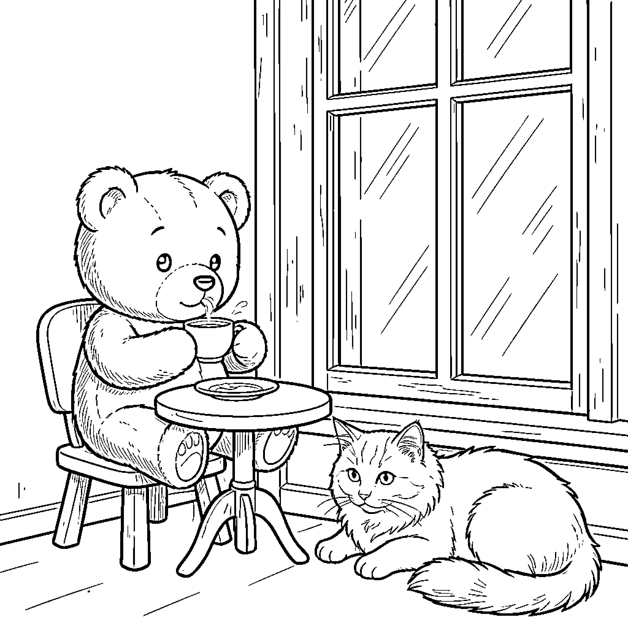 Teddy bear drinking tea while sitting by a window Coloring Page (free black-and-white line drawing printable PDF for all, from beginners to advanced learners, including children, teens, adults, and seniors)