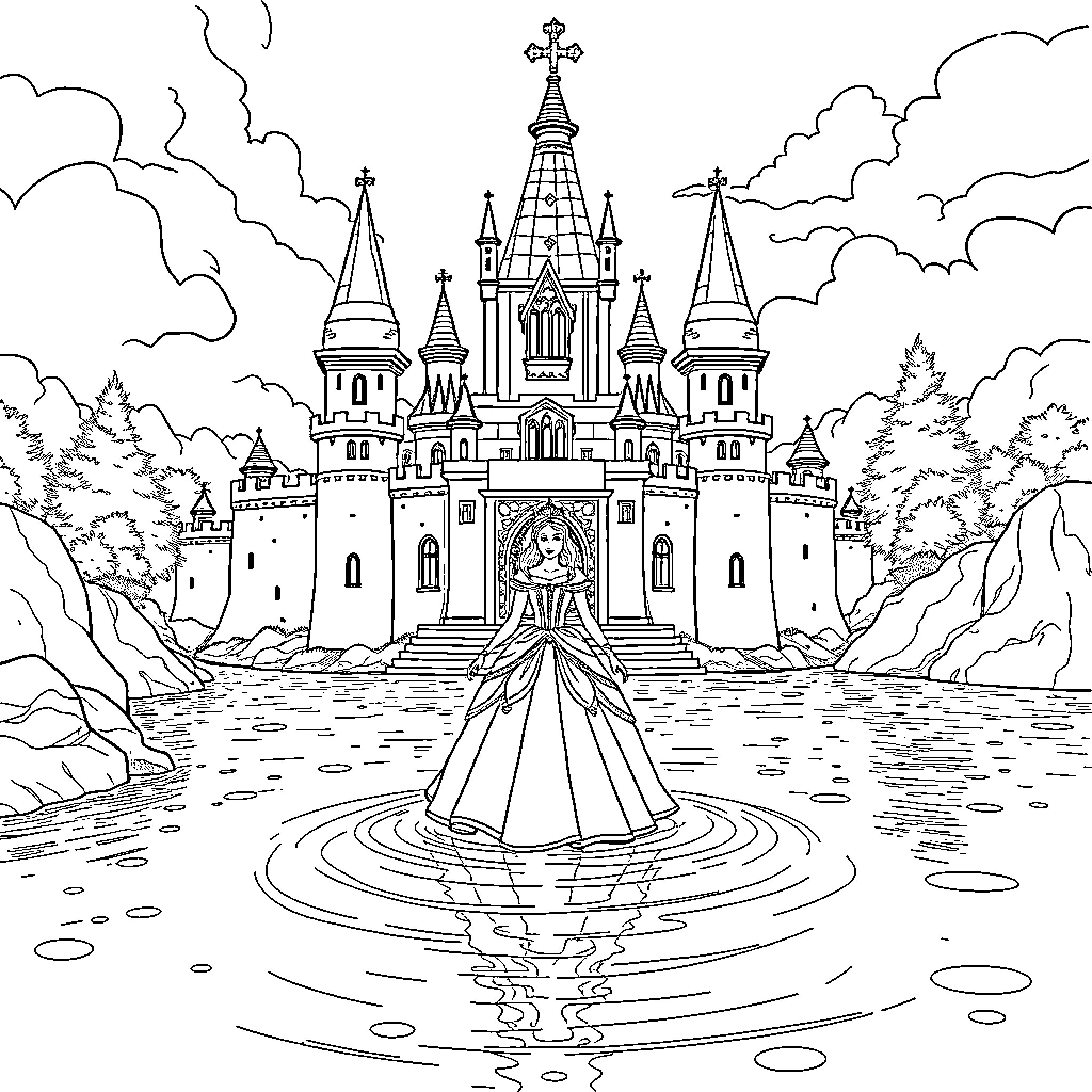 Princess in elegant dress before majestic castle Coloring Page (free black-and-white line drawing printable PDF for all, from beginners to advanced learners, including children, teens, adults, and seniors)