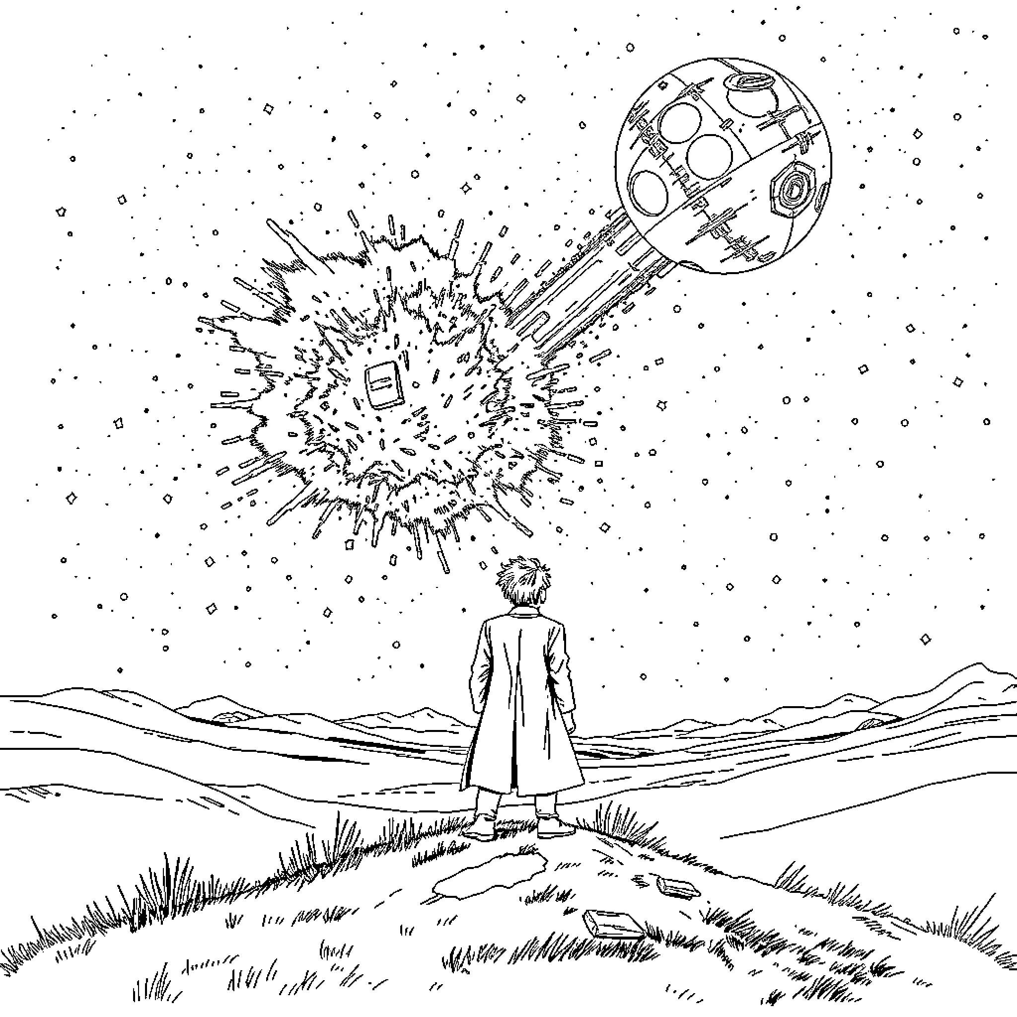 Doctor Who faces an explosive cosmic event Coloring Page (free black-and-white line drawing printable PDF for all, from beginners to advanced learners, including children, teens, adults, and seniors)