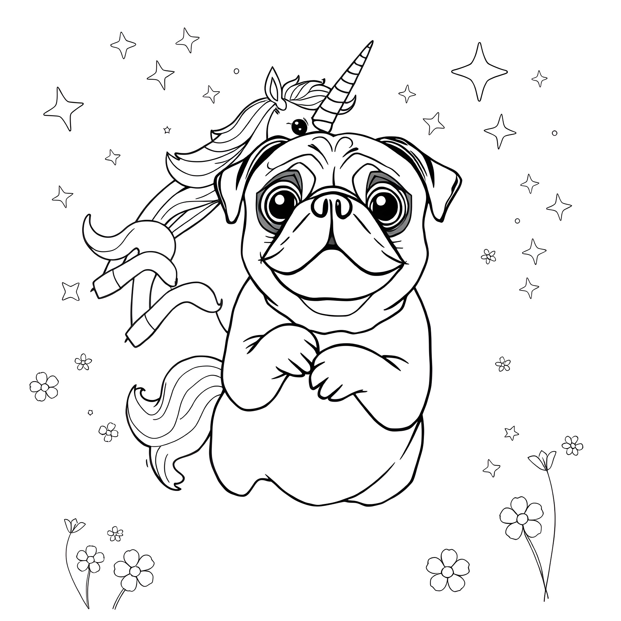 Pug dressed as a unicorn in a magical setting Coloring Page (free black-and-white line drawing printable PDF for all, from beginners to advanced learners, including children, teens, adults, and seniors)