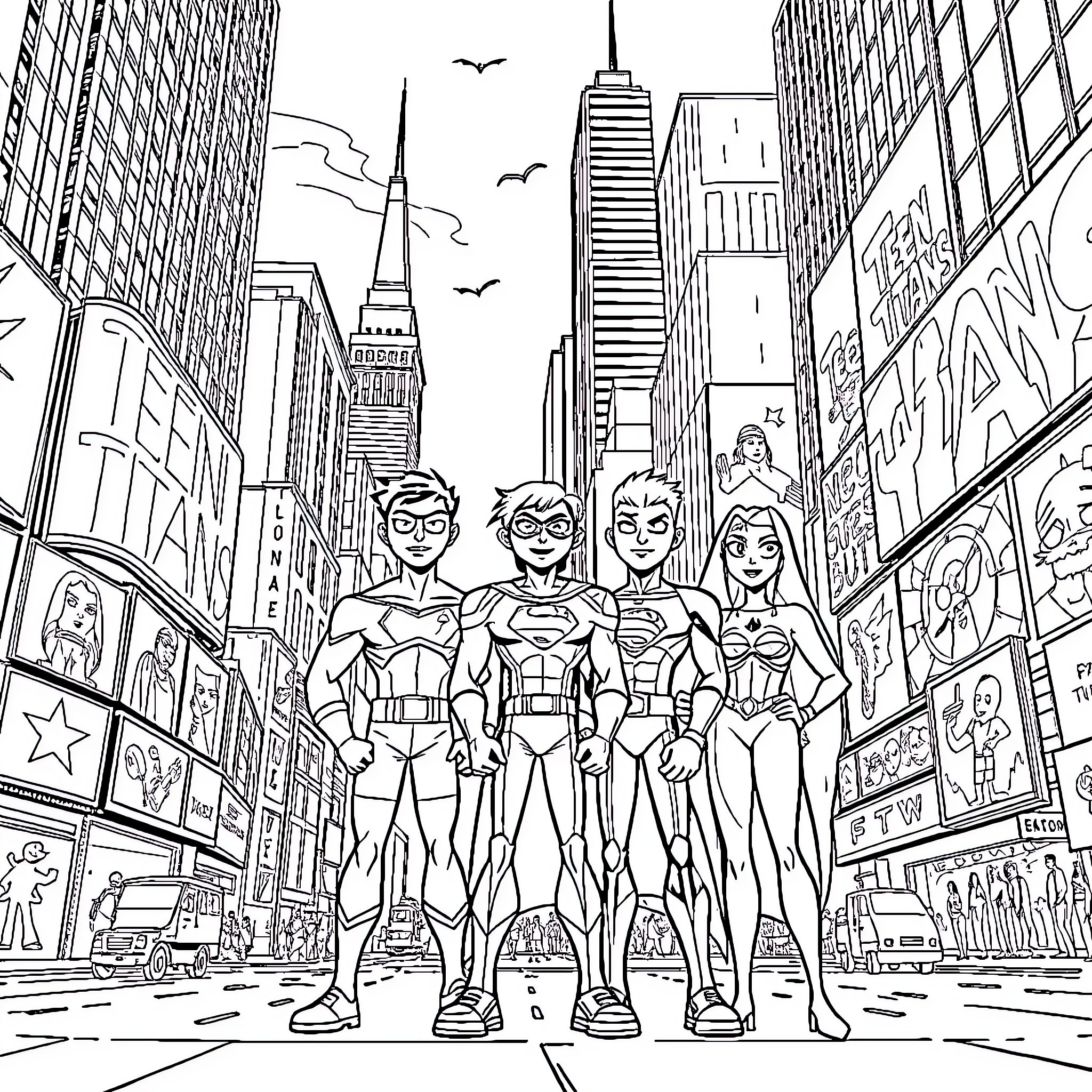 Teen Titans exploring the city skyline Coloring Page (free black-and-white line drawing printable PDF for all, from beginners to advanced learners, including children, teens, adults, and seniors)