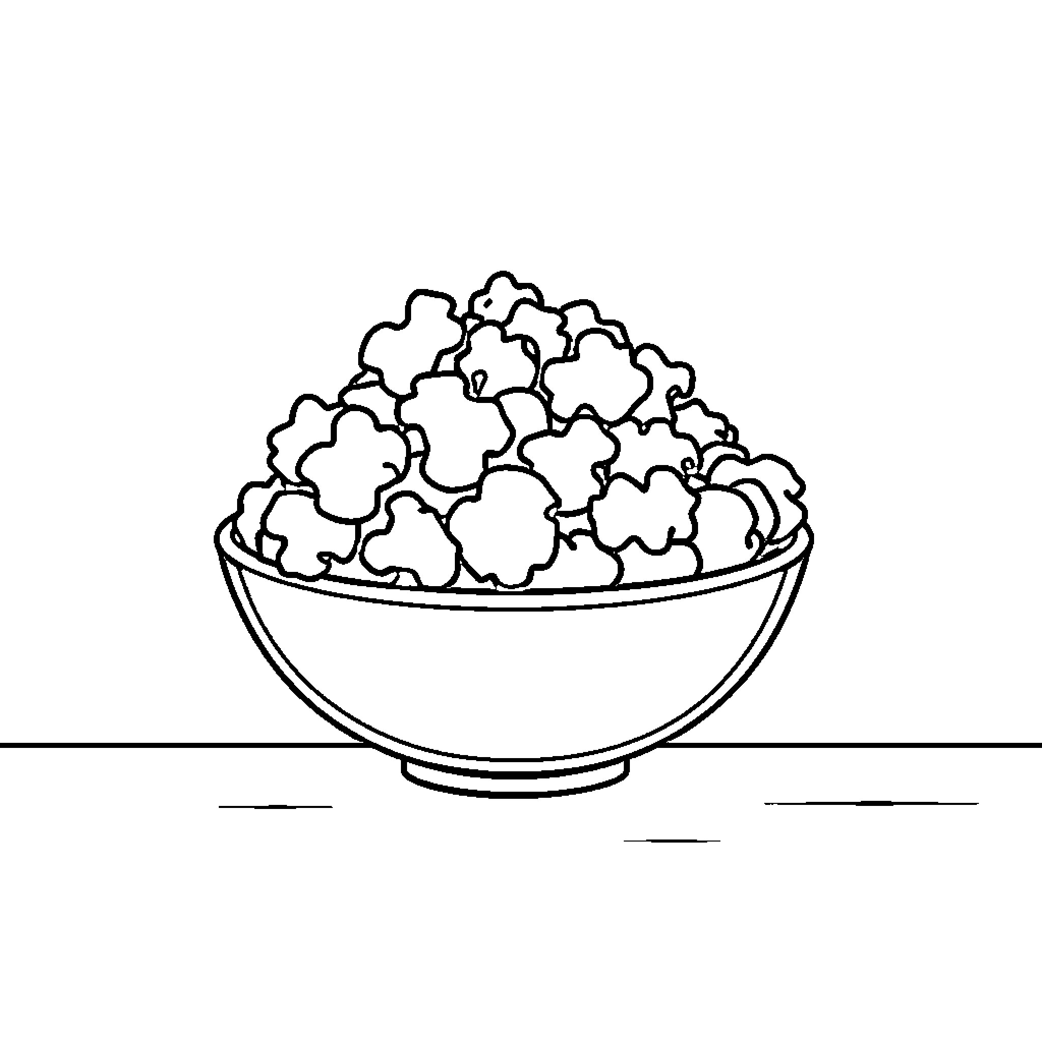 Popcorn in a bowl Coloring Page (free black-and-white line drawing printable PDF for all, from beginners to advanced learners, including children, teens, adults, and seniors)