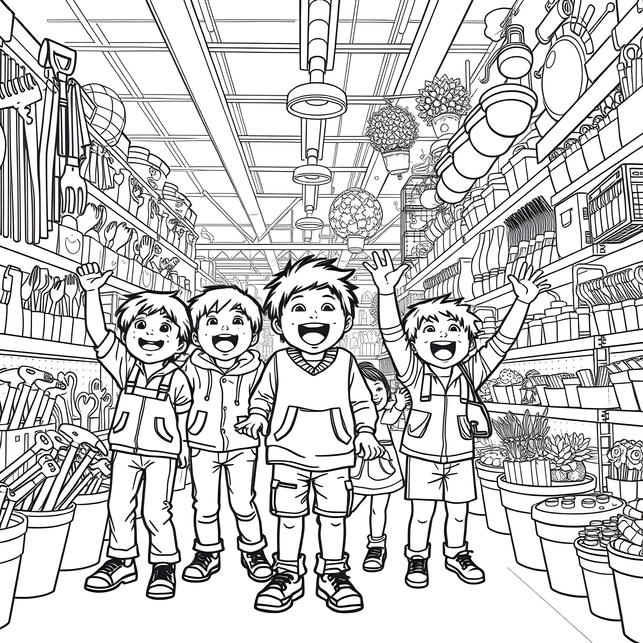 Kid friends exploring a supermarket happily Coloring Page (free black-and-white line drawing printable PDF for all, from beginners to advanced learners, including children, teens, adults, and seniors)