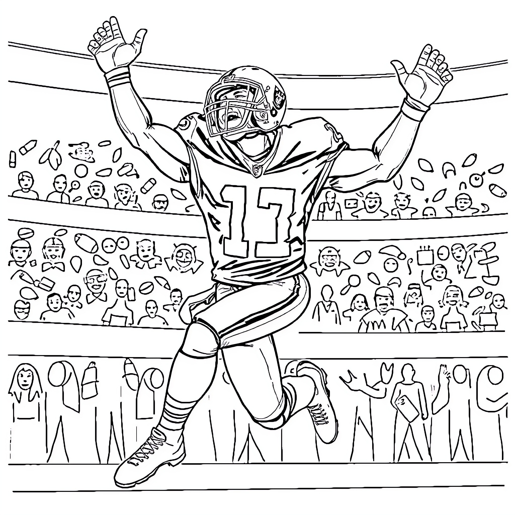 Ashton Jeanty celebrating a touchdown in a football stadium Coloring Page (free black-and-white line drawing printable PDF for all, from beginners to advanced learners, including children, teens, adults, and seniors)