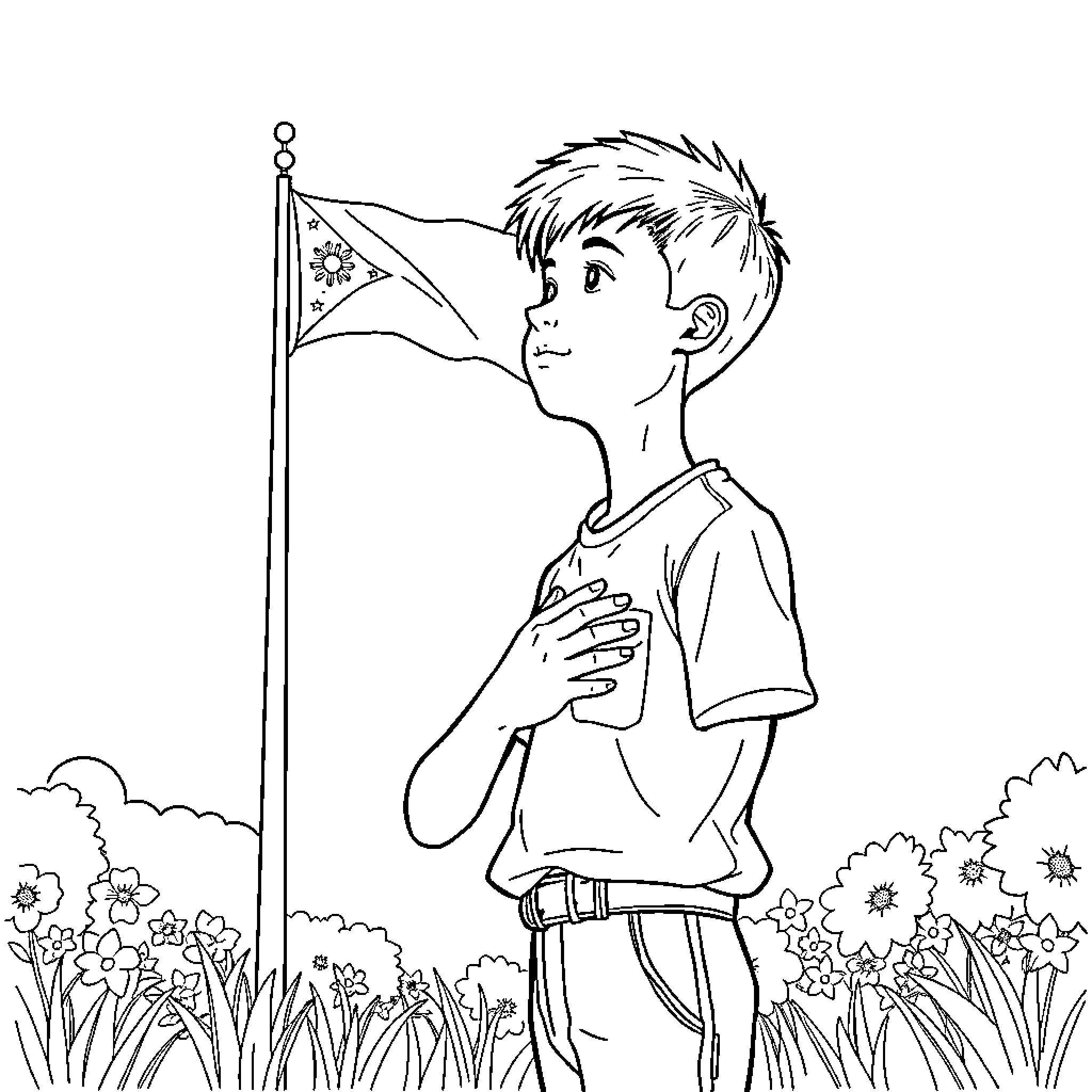 Student proudly holding a flag in a garden Coloring Page (free black-and-white line drawing printable PDF for all, from beginners to advanced learners, including children, teens, adults, and seniors)
