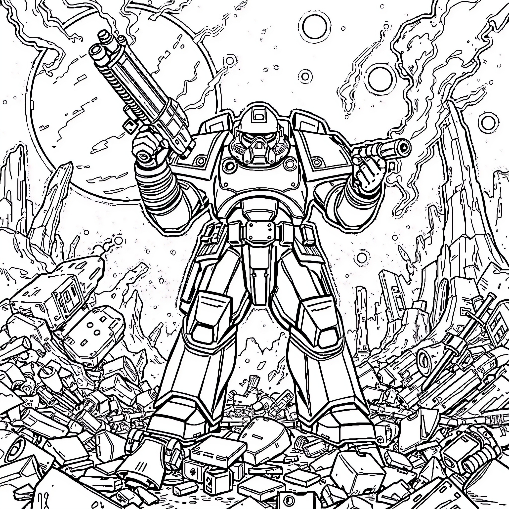 Spacemarine battling in the depths of space Coloring Page (free black-and-white line drawing printable PDF for all, from beginners to advanced learners, including children, teens, adults, and seniors)