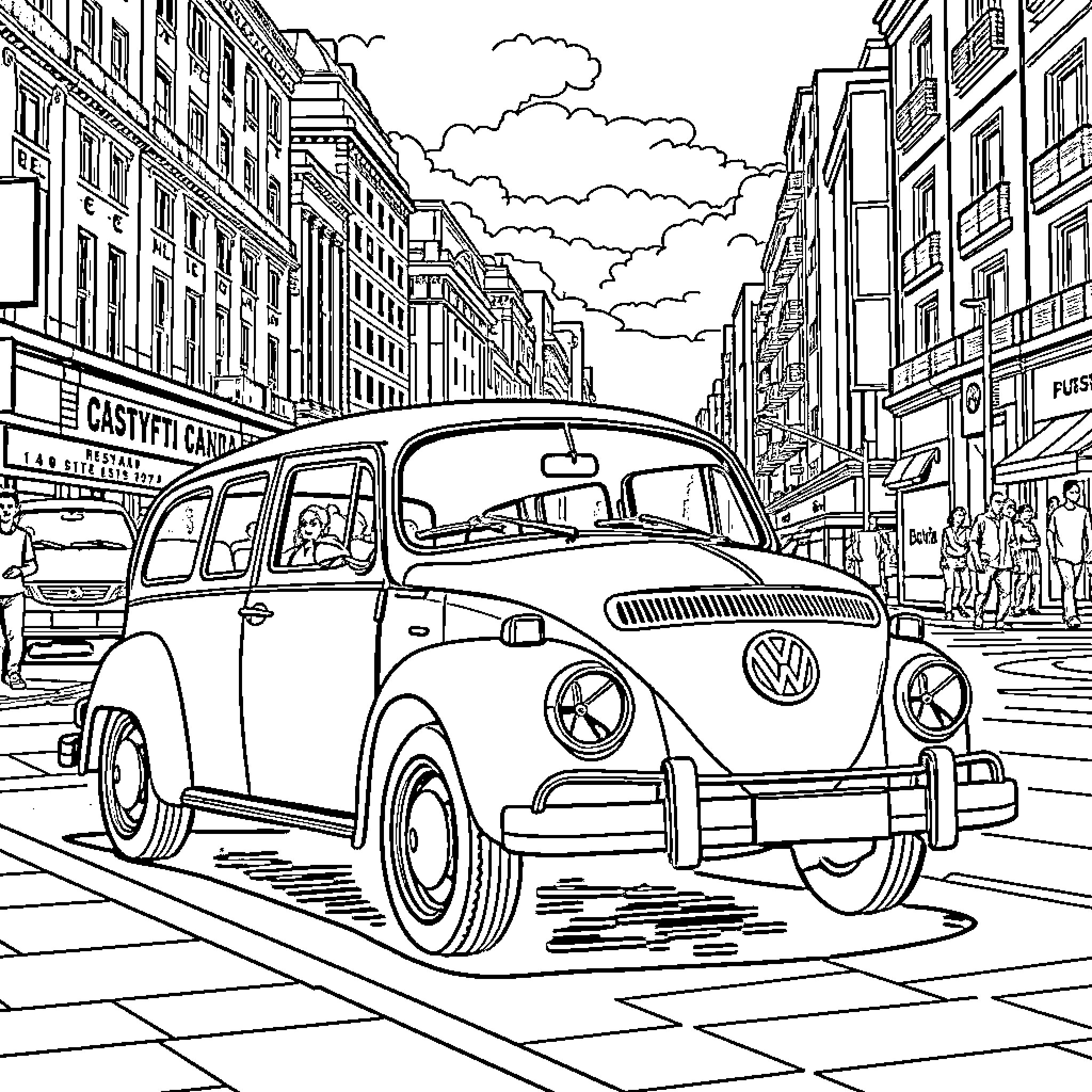 VW Car in Bustling City Street Coloring Page (free black-and-white line drawing printable PDF for all, from beginners to advanced learners, including children, teens, adults, and seniors)