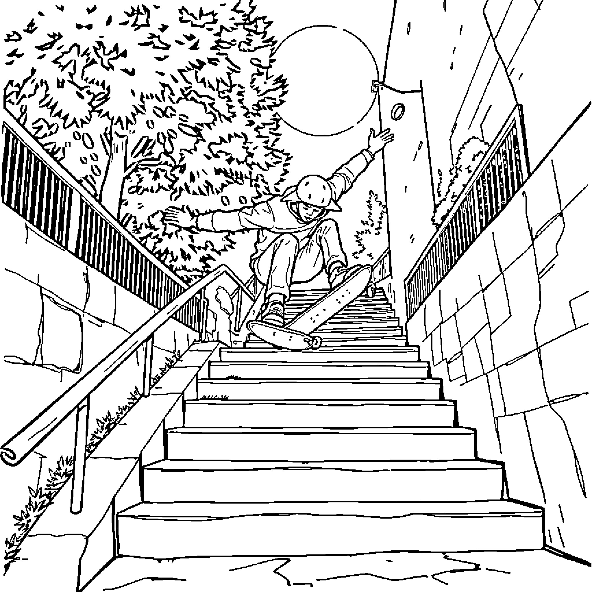 Skateboard down the city stairs in the rain Coloring Page (free black-and-white line drawing printable PDF for all, from beginners to advanced learners, including children, teens, adults, and seniors)